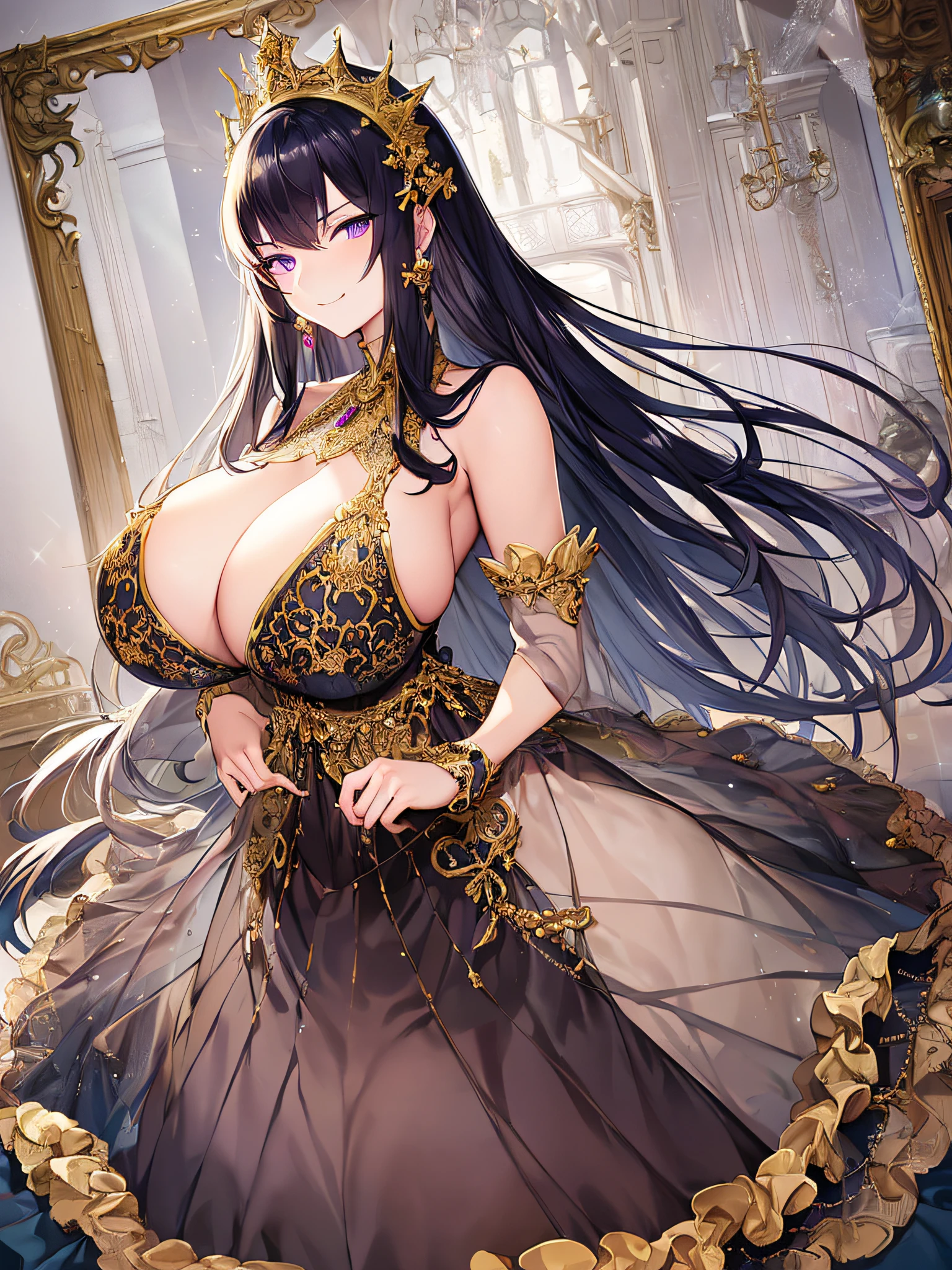 ((anime artstyle)),(Masterpiece),(Best Quality), (Super Detail),((Very Delicate and Beautiful)),((Solo)),((full body)),(((1 arrogant princess in gorgeousfull random color rococo dress))),(Purple eyes),Sharp eyes,detailed face and eyes,jewel-like eyes,(arrogant),((smirk)),dominant pose,((voluminous Very Long Hair,Straight Hair)),black hair,((Bangs between eyes)),((gigantic tits,Long tits)),curvy,skindentation,(gorgeousfull embroidery and lace),gorgeous corsage,See-through,gorgeousfull hair ornament,gorgeousfull glitter jeweled tiara,ornate ruffles,((full body)),((hoop skirt,crinoline)),Dynamic Angle,Looking at viewer,(((gorgeousfull random color rococo dress)),full body
