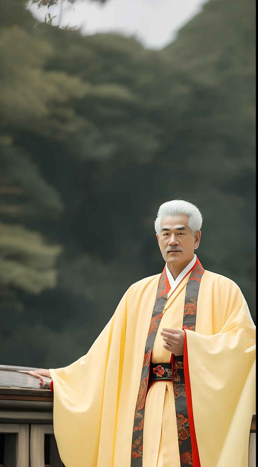Masterpiece, Highest quality, (solofocus),, (High detail: 1.1),dojo,Red and yellow robes,The male, Man, chinese crown, 1人,and white hair,超高分辨率 , Detailed background, realisticlying, wearing a detailed and intricate xianxia antique outfit