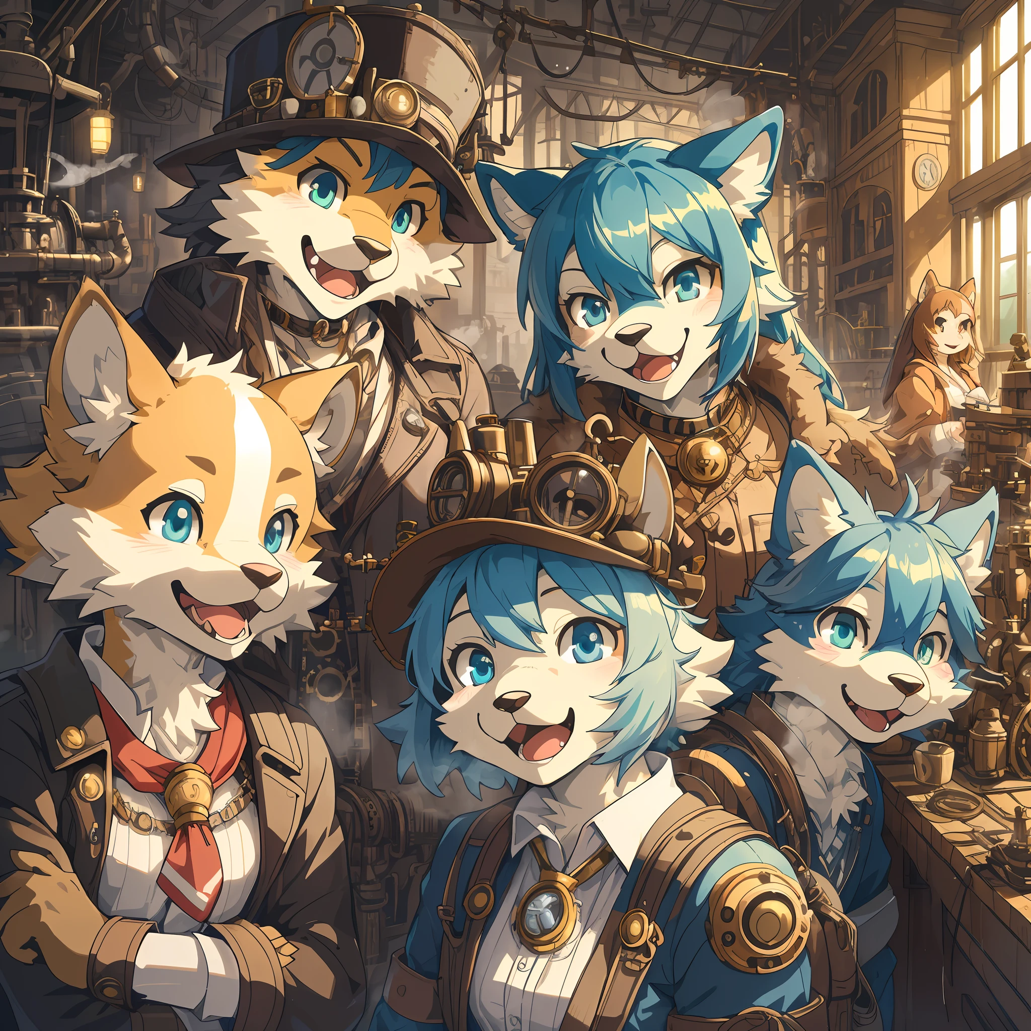 dynamic angle, top quality, best quality, High-quality illustrations, masterpiece, super high resolution, detailed background, detailed background, steampunk, Steam engines, group shot:0.1, 6+boys, 6+girls, Happy, joyful, absurdres(highly detailed beautiful face and eyes)perfect anatomy, expression, good lighting, cinematic shadow(kemono, furry anthro),