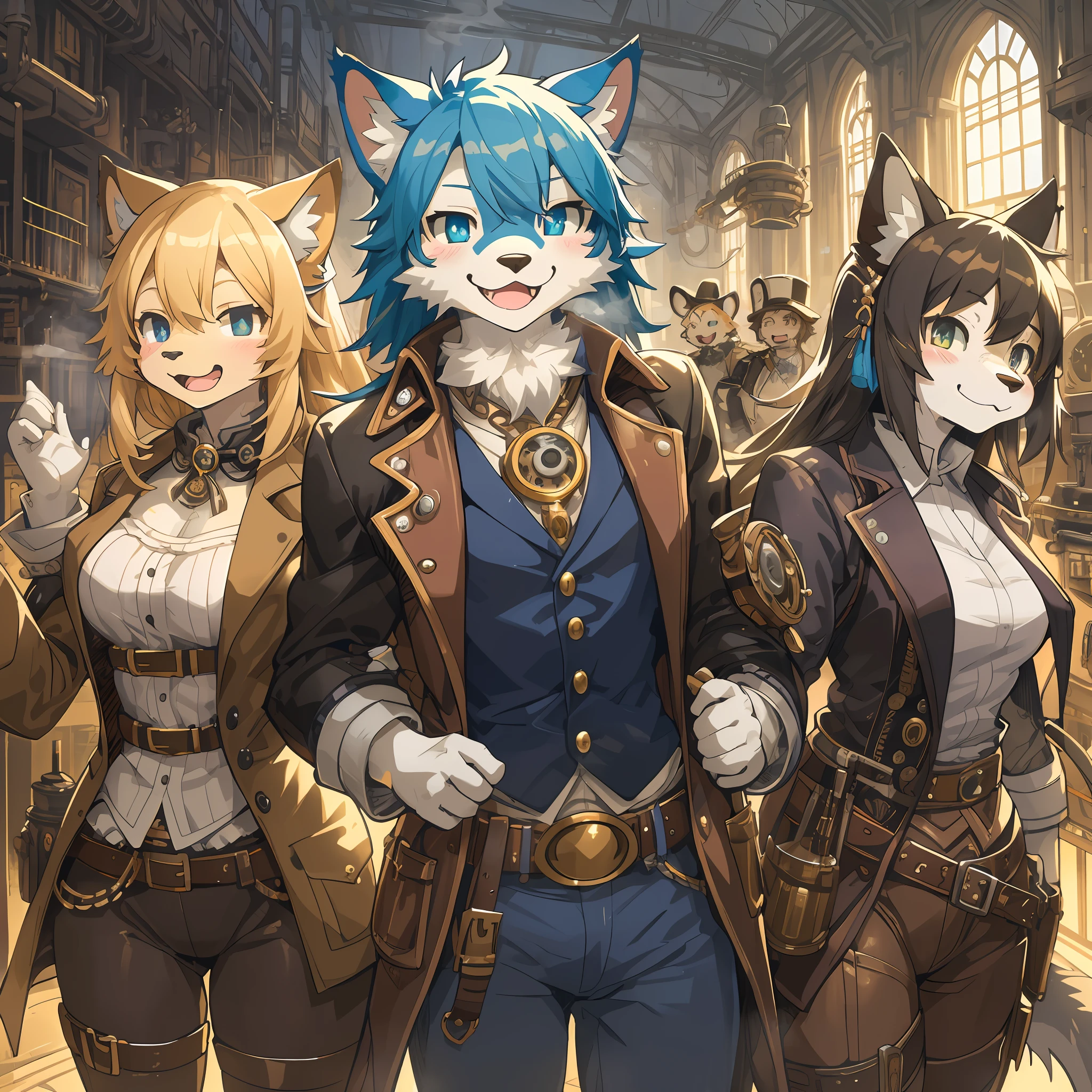 dynamic angle, top quality, best quality, High-quality illustrations, masterpiece, super high resolution, detailed background, detailed background, steampunk, Steam engines, group shot:0.1, 6+boys, 6+girls, Happy, joyful, absurdres(highly detailed beautiful face and eyes)perfect anatomy, expression, good lighting, cinematic shadow(kemono, furry anthro),