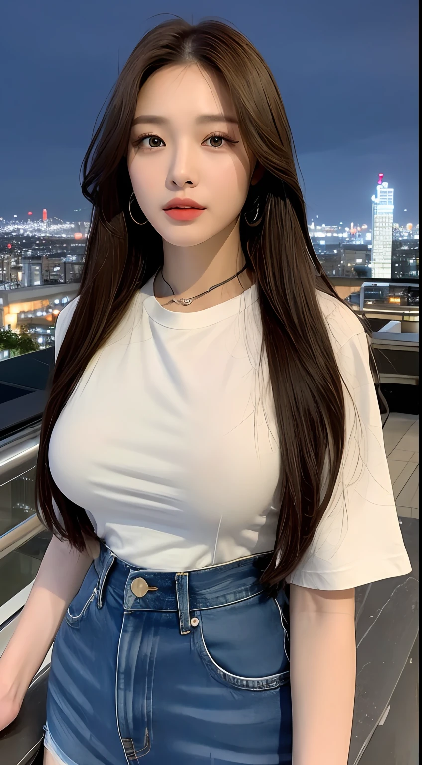 ((Midnight, Best quality, 8k, Masterpiece :1.3)), Whole body, Long legs, Sharp focus :1.2, A pretty woman with perfect figure :1.4, Slender abs :1.1, ((Dark brown hair, Big breasts :1.2)), (White tight tshirt, Jean bib, Standing:1.2), ((Night city view, Rooftop:1.3)), Highly detailed face and skin texture, Detailed eyes, Double eyelid