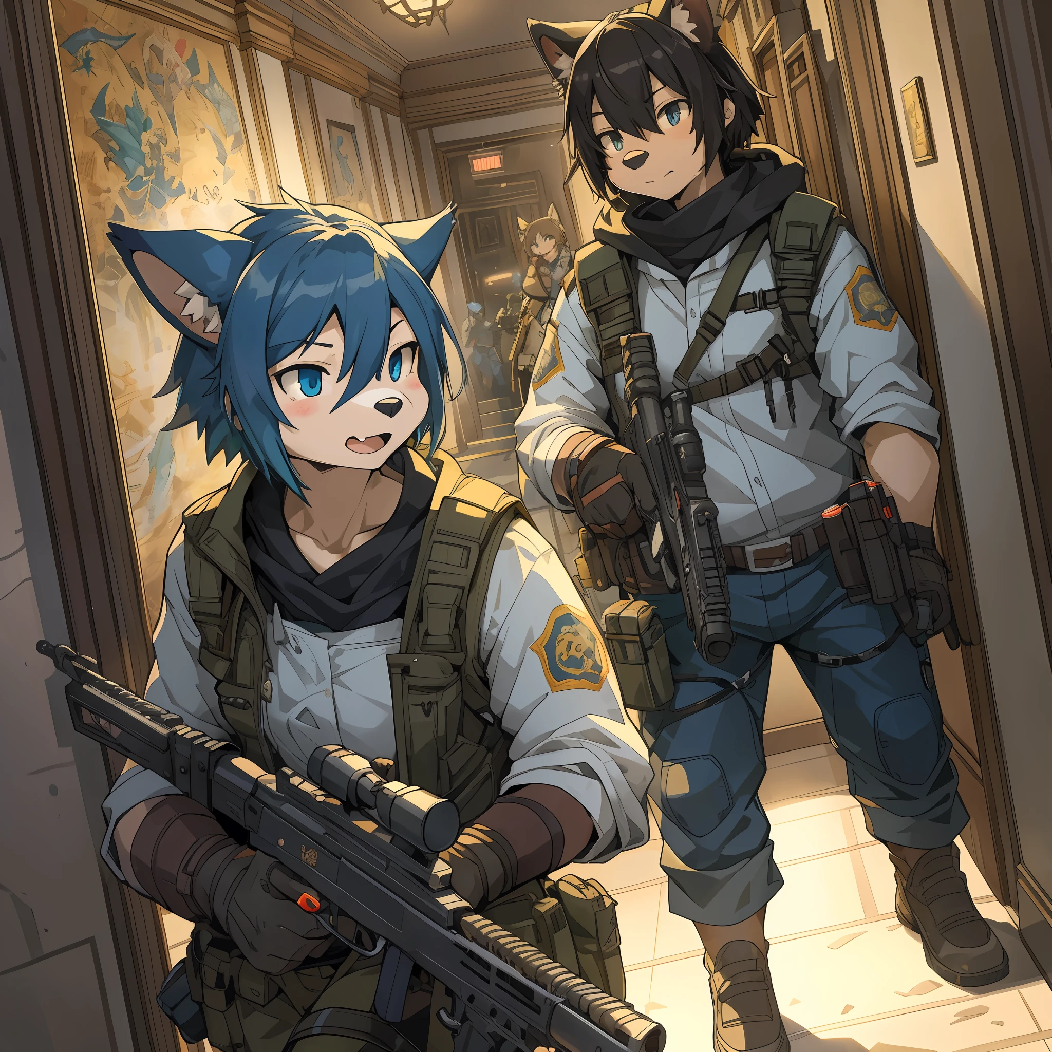 dynamic angle, top quality, best quality, High-quality illustrations, masterpiece, super high resolution, detailed background, detailed background, biohazard, Dim hotel hallway, gun fight, group shot:0.1, 6+boys, 6+girls, game package, absurdres(highly detailed beautiful face and eyes)perfect anatomy, expression, good lighting, cinematic shadow(kemono, furry anthro),