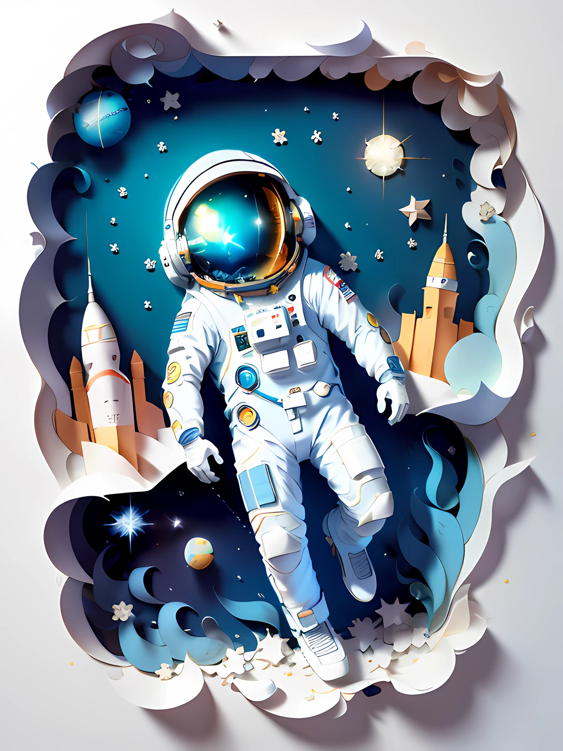 ((Masterpiece))), Best Quality, Light Blue Illustration, ((Astronaut)), Starry Sky, paper_cut, (White Background: 1.1)