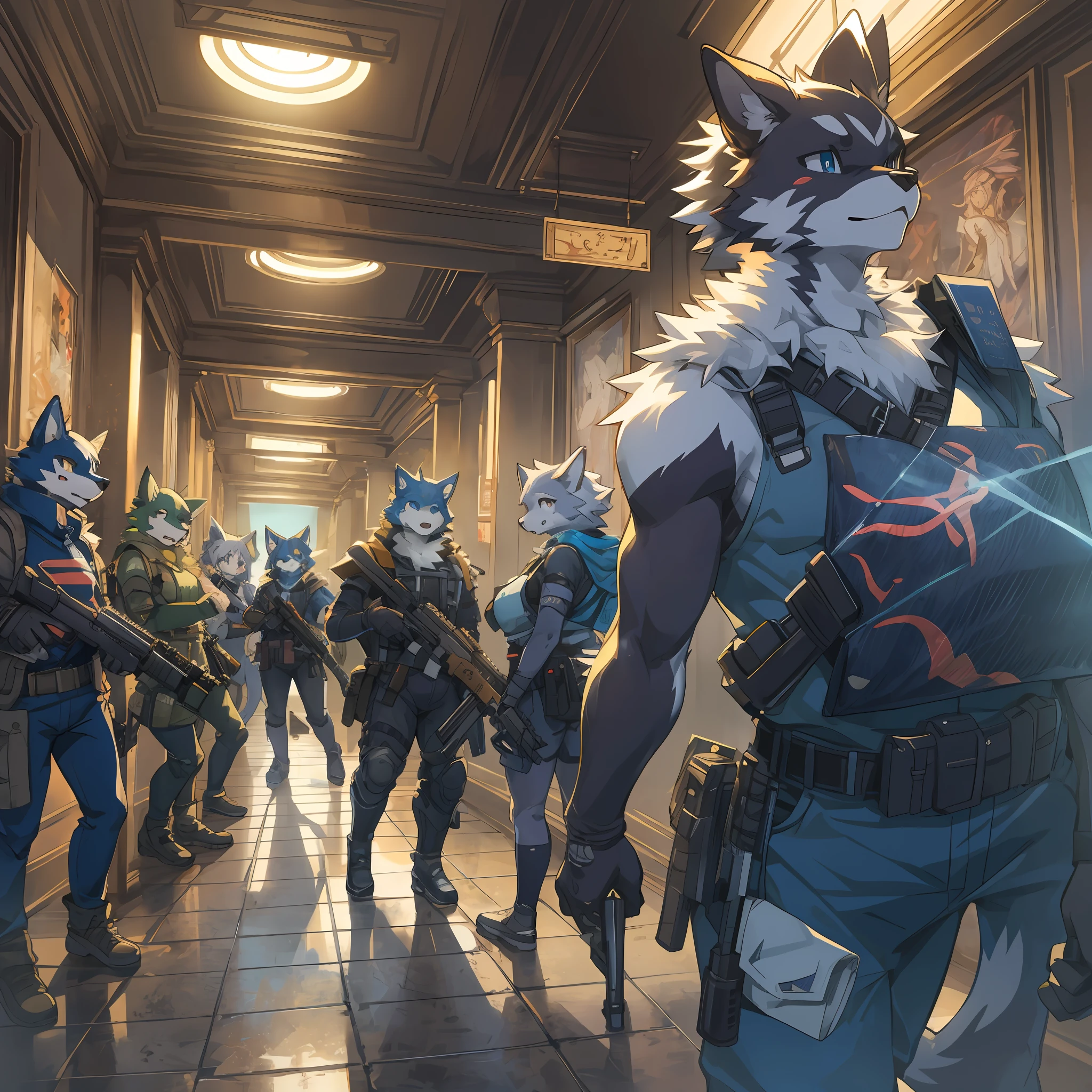 dynamic angle, top quality, best quality, High-quality illustrations, masterpiece, super high resolution, detailed background, detailed background, biohazard, Dim hotel hallway, gun fight, group shot:0.1, 6+boys, 6+girls, game package, absurdres(highly detailed beautiful face and eyes)perfect anatomy, expression, good lighting, cinematic shadow(kemono, furry anthro),