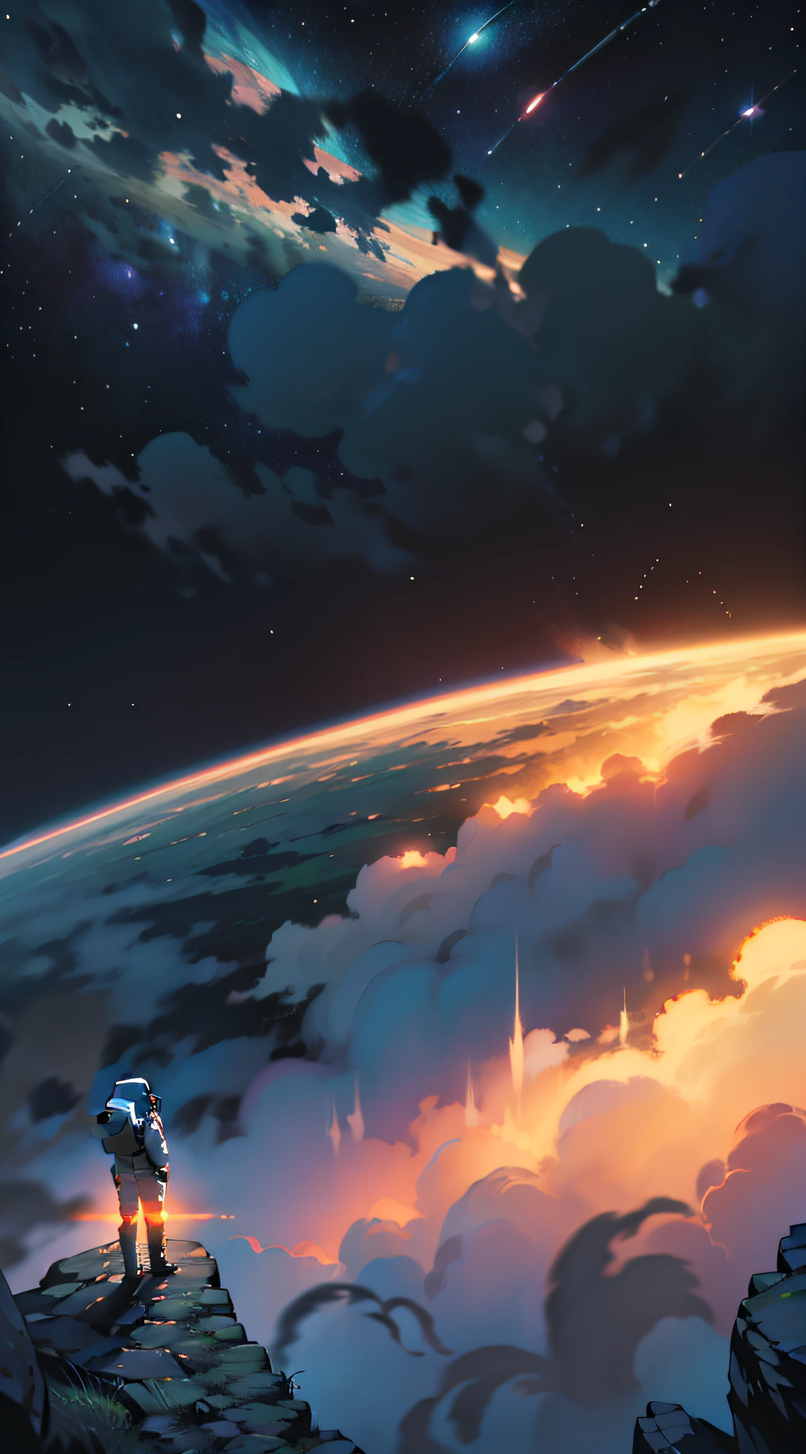 ((tmasterpiece、Need、Ultra-delicate、A high resolution)), Overlooking，The back of the teenager，the night，starrysky，illustratio，Astronaut helmet，The space station is far away，Complete planet，A sea of stars in the sky，Soft moonlight falls on you，Feel the tranquility and mystery of the universe