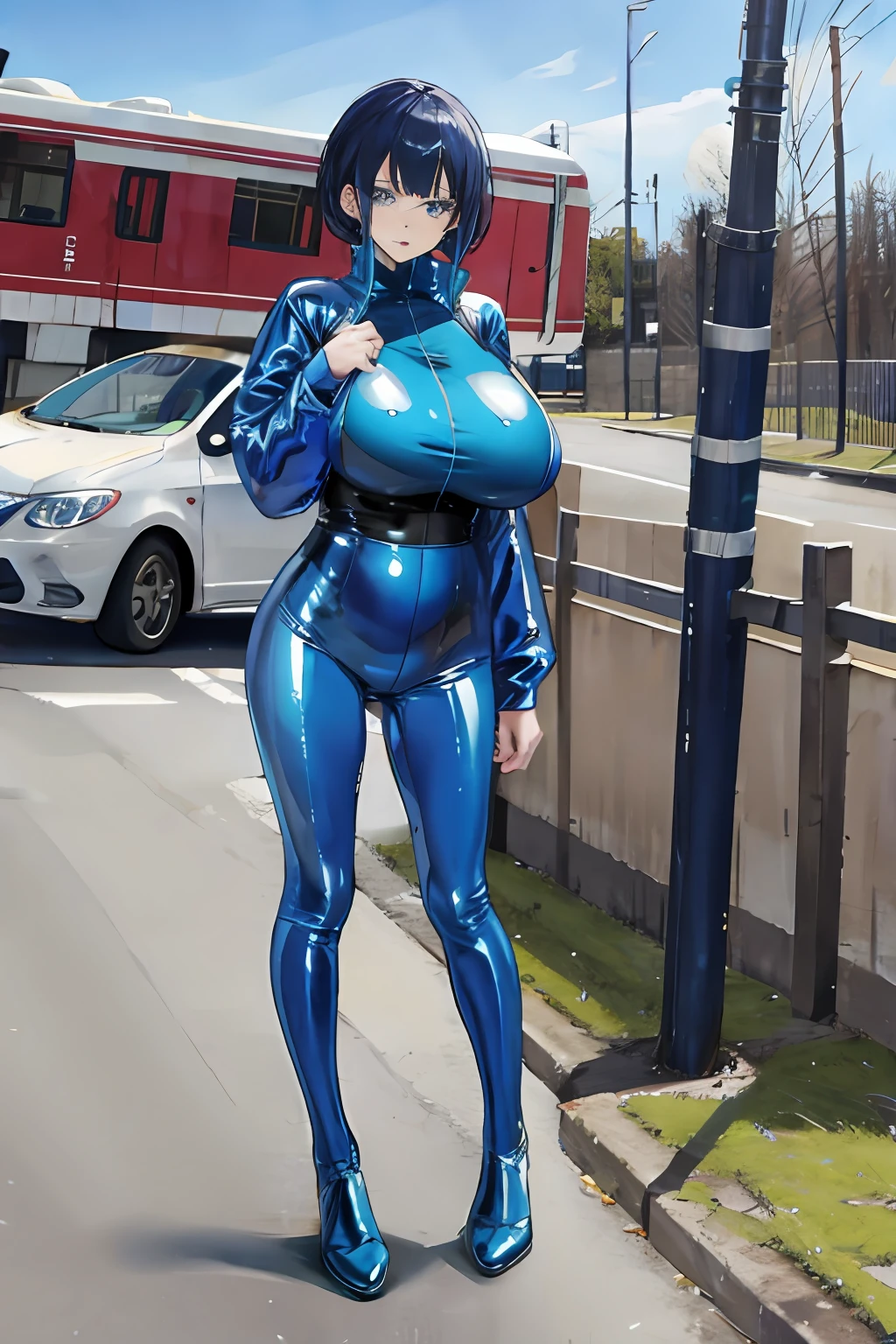 One-piece tights,Blue latex tights,Standing on the ground,huge tit