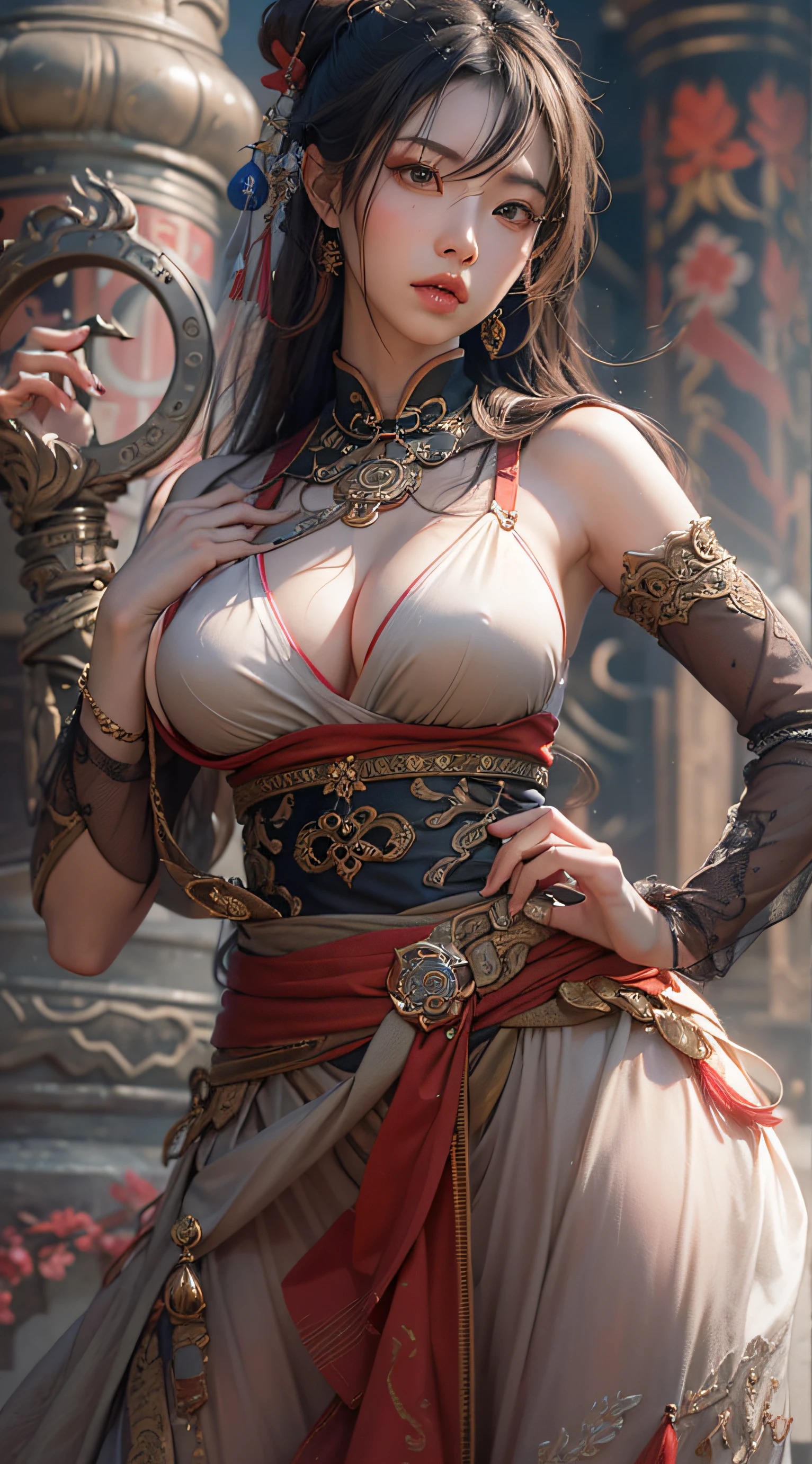Best quality,masterpiece,ultra high res,(photorealistic:1.4),xiuxian,weapon,Detailed face, 1girl,solo,weapon,cleavage,(magic circle:1.2),xiuxian,upper body,Beautiful girl,full body,huge breasts,east asian architecture,sheath,architecture,