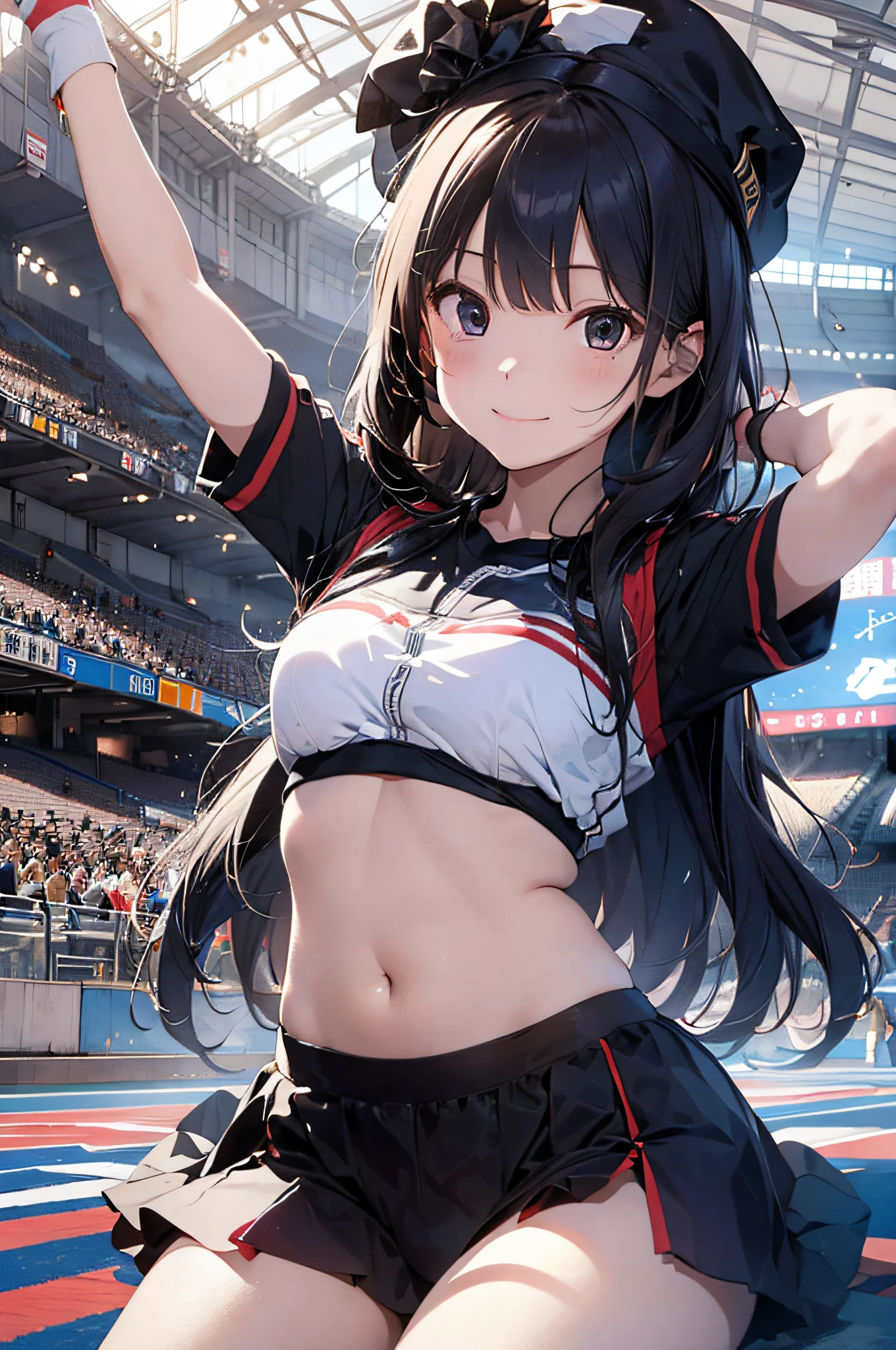 Asian cheerleaders dancing with big pom-poms in stadium stands、a closeup、tiny chest、Raw photography, top-quality, hight resolution, (masterpiece), (Photorealsitic:1.4), professional photograpy, foco nítido, nffsw, 8K分辨率, intricate detailes, depth of fields, the Extremely Detailed CG Unity 8K Wallpapers, front lit, girl with, A smile、A slender、Korean style uniform、Peeking from below、(skinny thigh)、I see underwear、Wear a hat on your head、