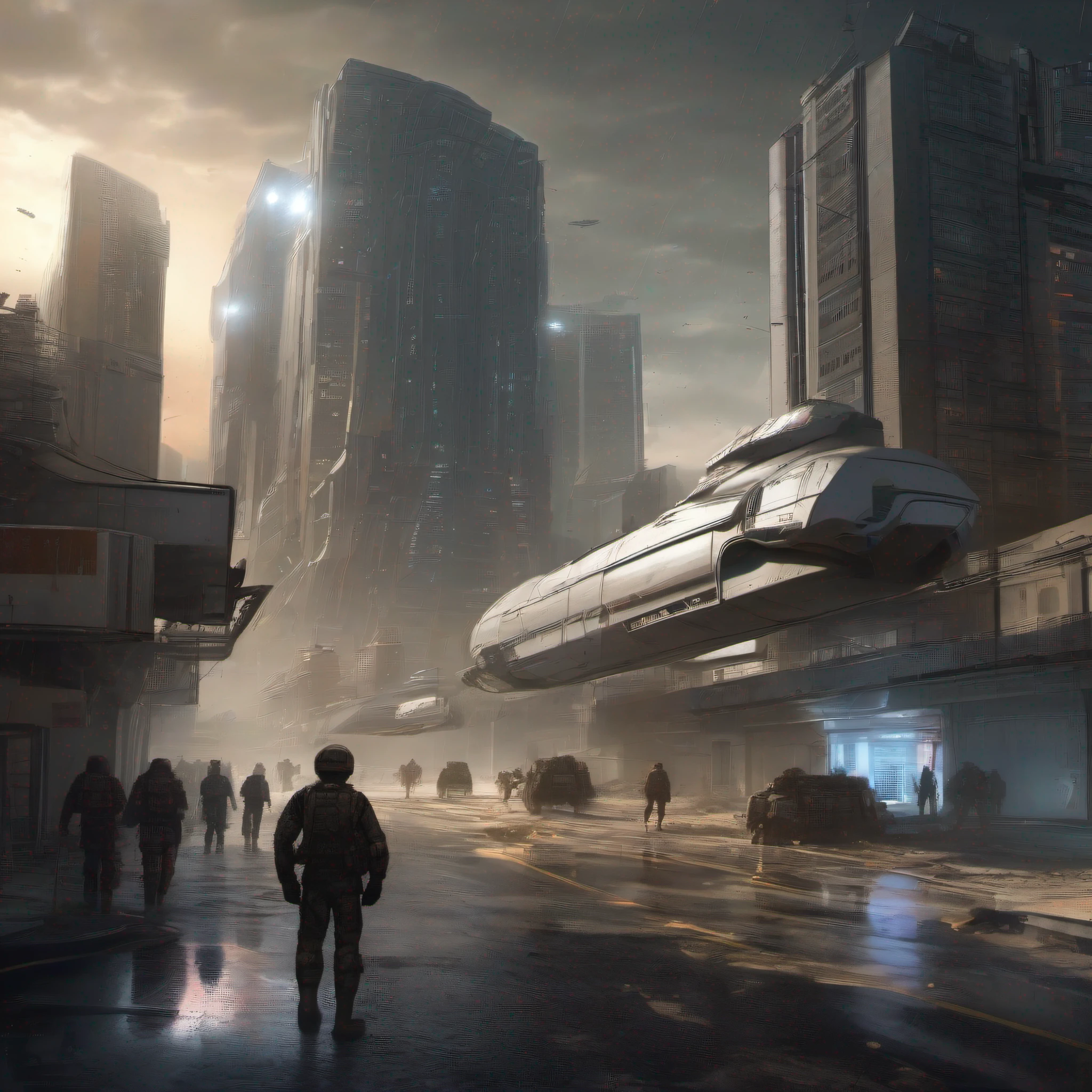 in the far future, late at night in the city, everything illuminated by artificial lights, raining heavily, a sleek-looking spacecraft is skidding across a street, sparks trailing behing it's path, out from under a trail of damanged pavement, spacecraft is damaged, large building in the background looming over head, view of a soldiers running in the background, rural area besides large building and street, sci fi theme, realistic, ray tracing