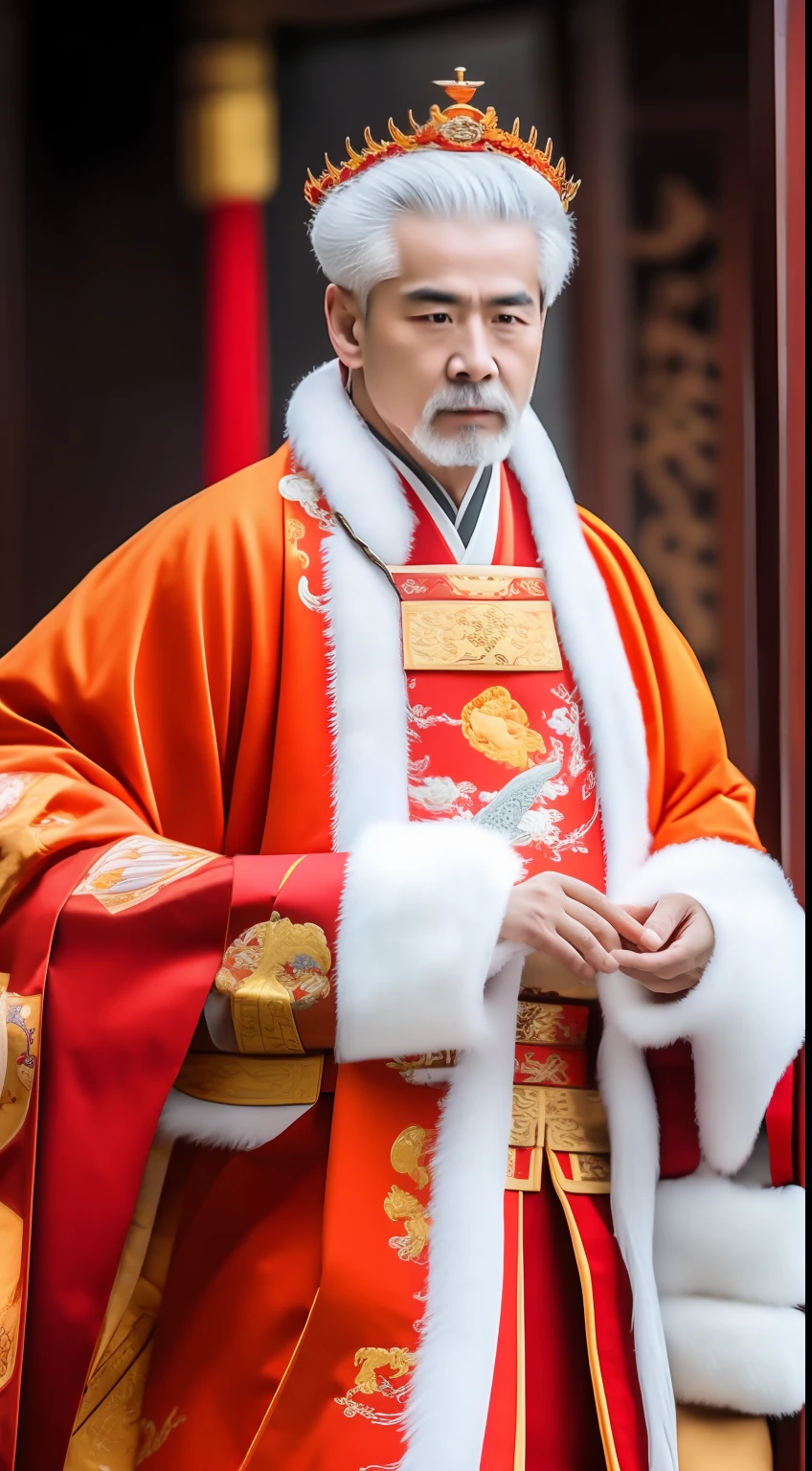 Masterpiece, Highest quality, (solofocus),, (High detail: 1.1),dojo，Red and yellow robes，The male， Man, chinese crown, 1人,and white hair,超高分辨率 , Detailed background, realisticlying, wearing a detailed and intricate xianxia antique outfit