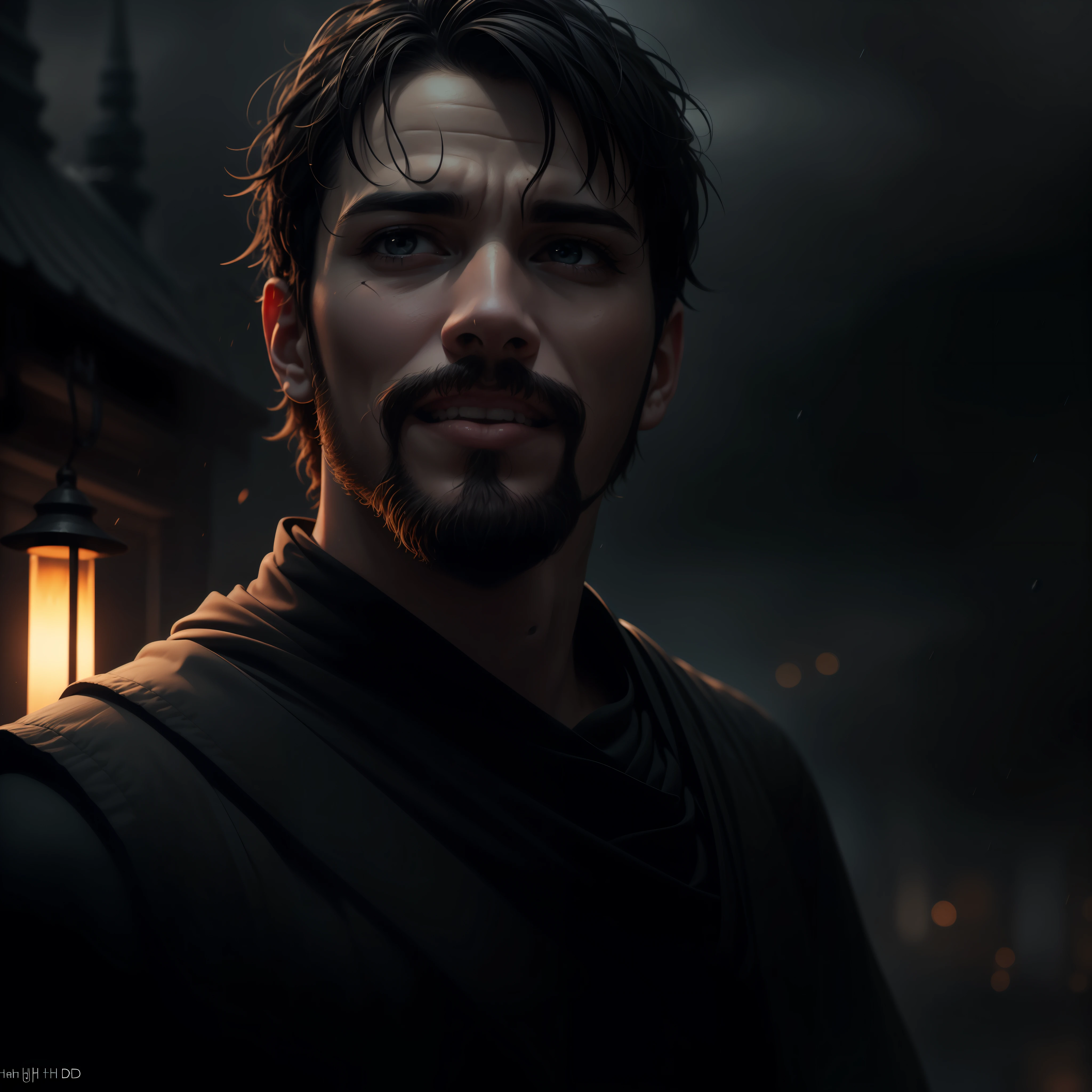 (sharp focus:1.2), an award winning photo of an man monk Orange, black outside, lightning back lighting, smiling, happy, extremely detailed skin, hopelessness ,cloudy eyes, (deep shadows:1.1), high contrast, beautiful eyes, absurdres, 8k, (high quality:1.3), , artstation hd, concept art, detailed face and body, award-winning photography, (moody lighting:1.2), depth of field, bokeh, 4K, HDR