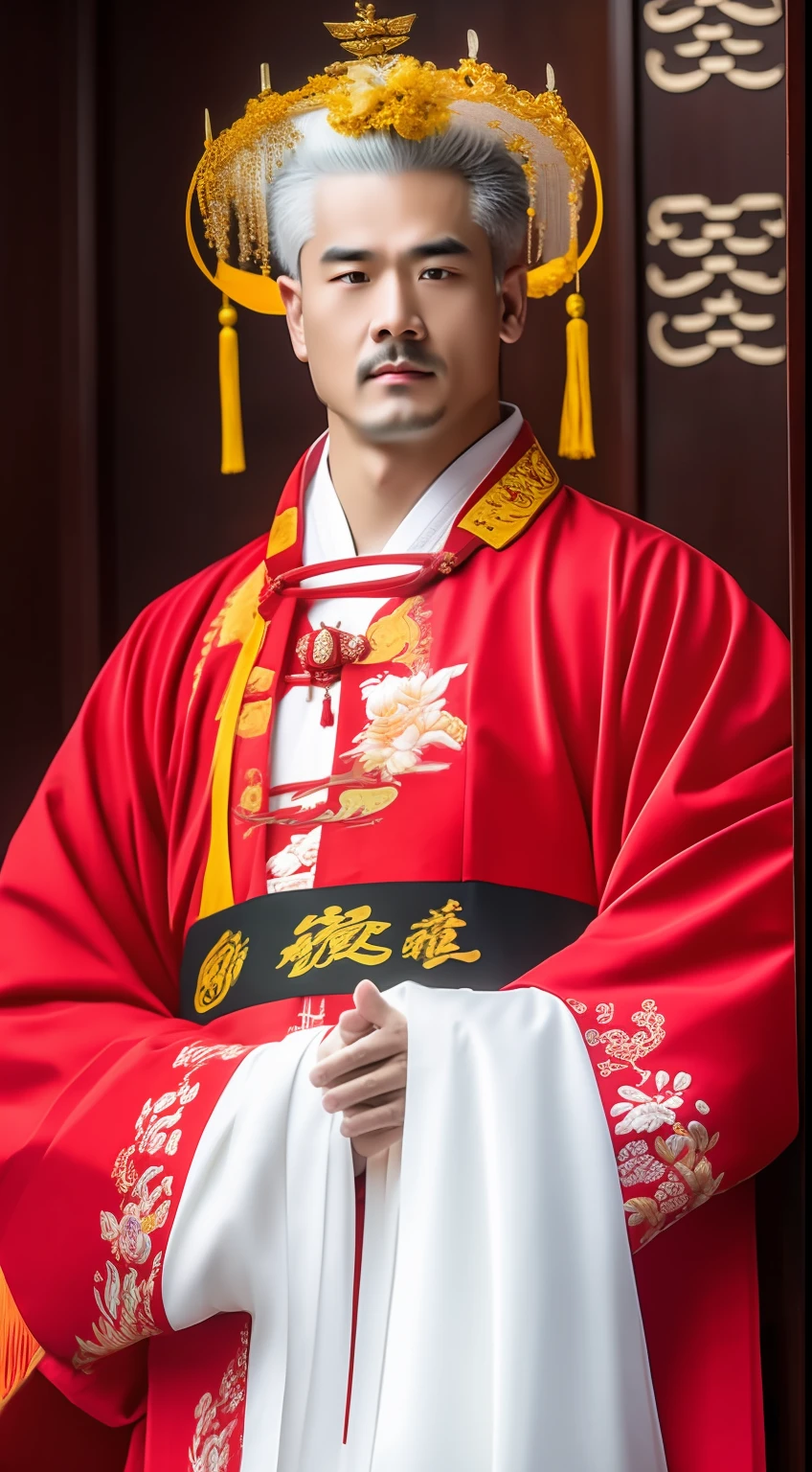 Masterpiece, Highest quality, (solofocus),, (High detail: 1.1),dojo,Red and yellow robes,The male, Man, chinese crown, 1人,and white hair,超高分辨率 , Detailed background, realisticlying, wearing a detailed and intricate xianxia antique outfit