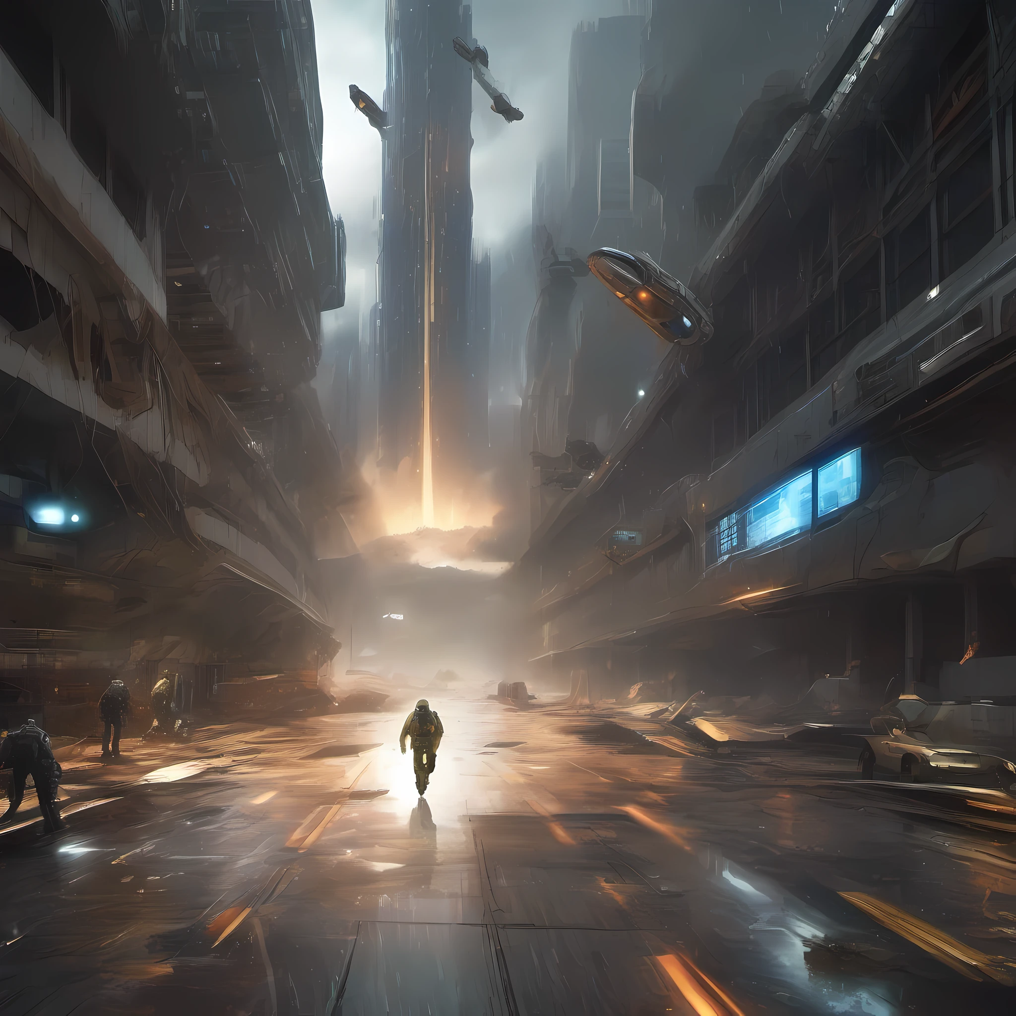in the far future, late at night in the city, everything illuminated by artificial lights, raining heavily, a sleek-looking spacecraft is skidding across a street, sparks trailing behing it's path, out from under a trail of damanged pavement, spacecraft is damaged, large building in the background looming over head, view of a soldiers running in the background, rural area besides large building and street, sci fi theme, realistic, ray tracing