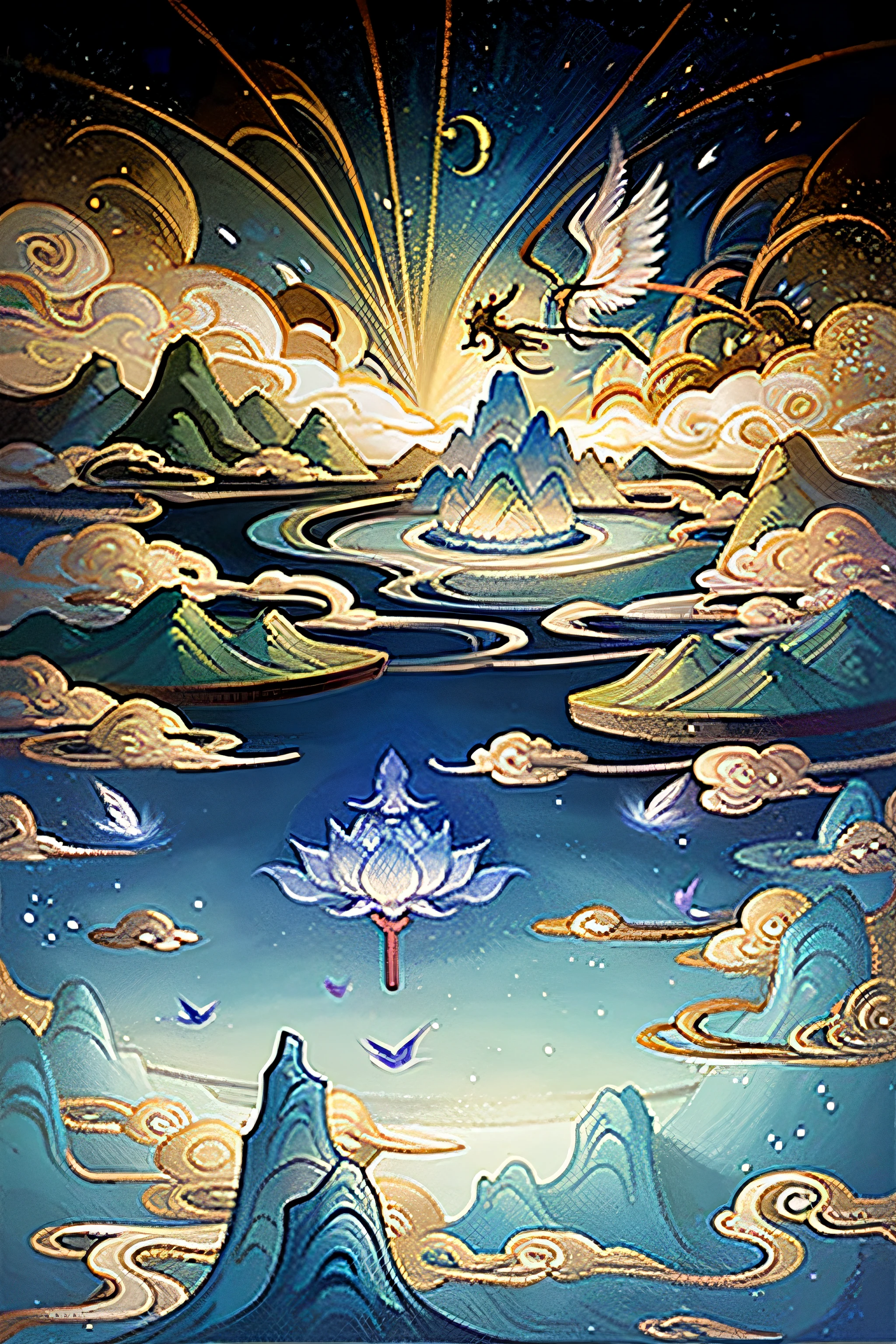 An ancient Chinese painting， Ancient Chinese background， Fairy Flying，mountain ranges， rios， Auspicious clouds， Pavilions， rays of sunshine， tmasterpiece， super detailing， Epic composition， hyper HD， high qulity， extremely detaile， offcial art， 统一 8k 壁纸， super detailing， 32k -- v 6