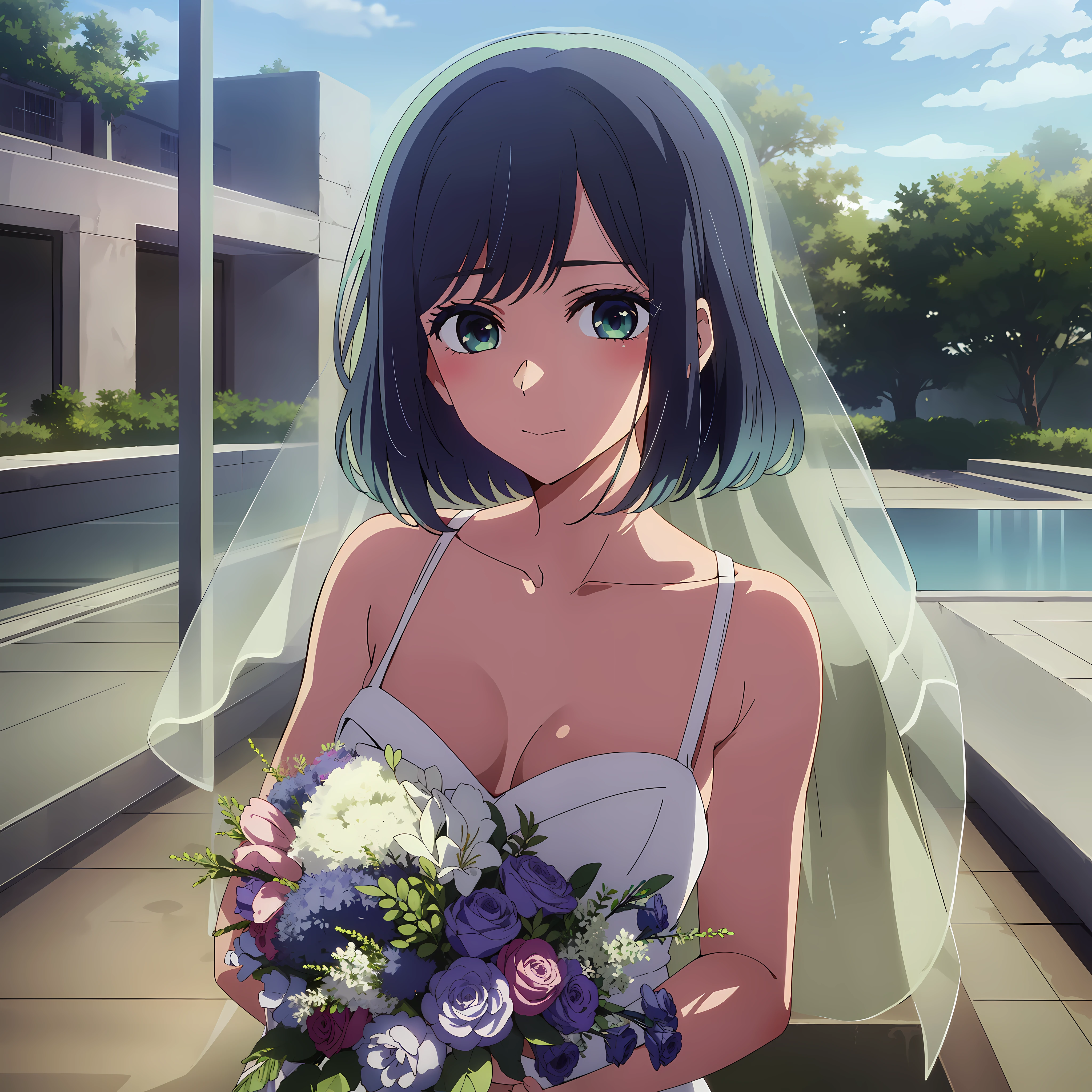 masterpiece, high quality, 8k, beautiful lighting, 1girl, solo, akane, portrait, bush, looking at viewer, wedding, sexy wedding dress, wedding ceremony, medium breasts, short hair