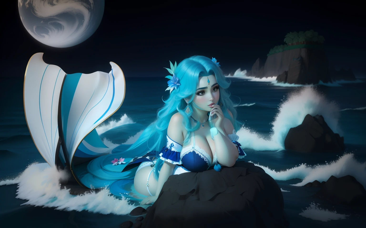 melhor qualidade, sereia gorda escorada em rocha do mar, luar ao fundo, pensativa, fix hands, corrigir olhos e boca, corrigir rosto, manter cores originais, 3d, fantasia, reimagine, tranquilidade, cauda de sereia, sereia, pele azul, cabelo turquesa, sexy