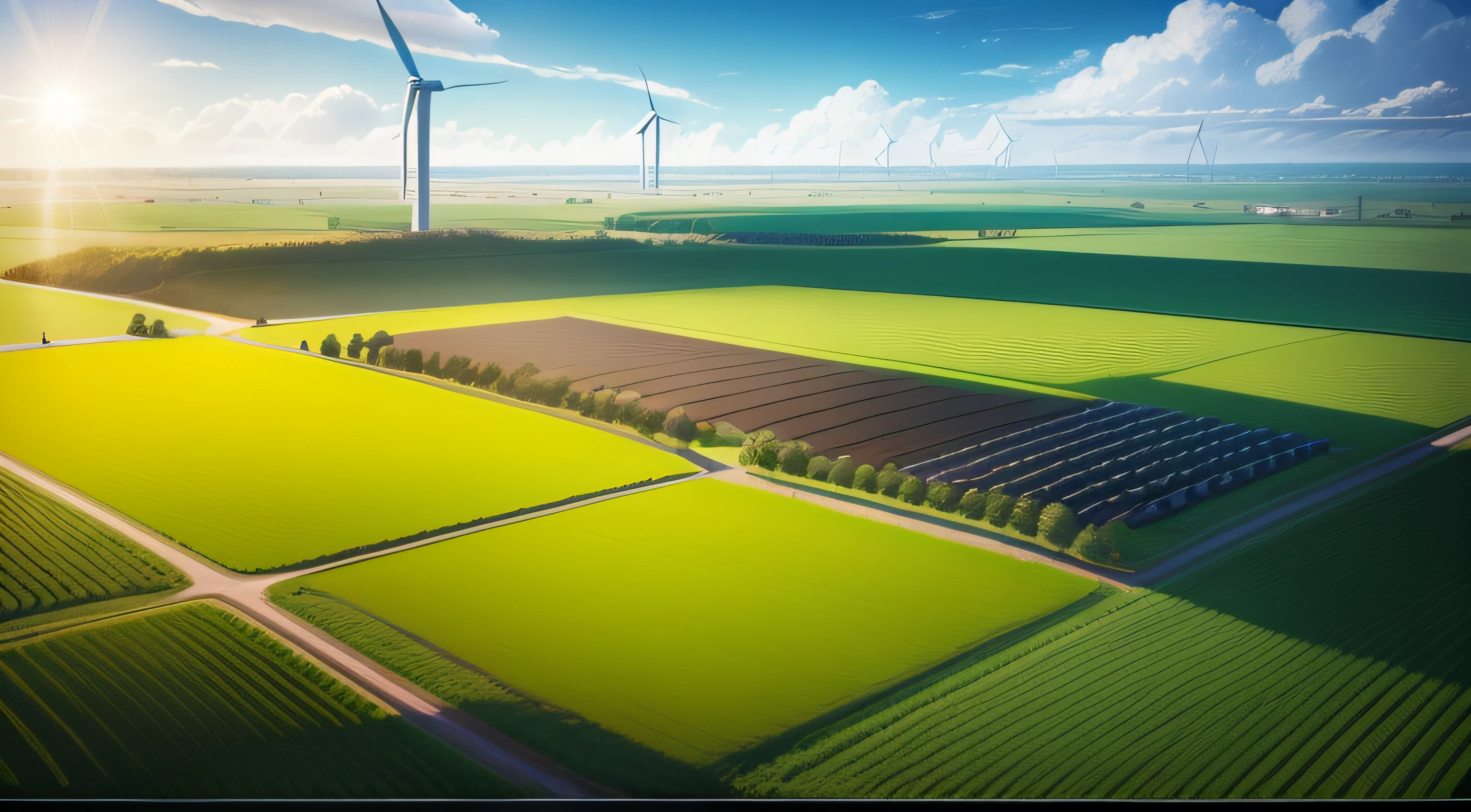 Wind turbines and solar panels farm in a field. Renewable green energy. Sunny landscape, electric energy generator for clean energy producing concept.