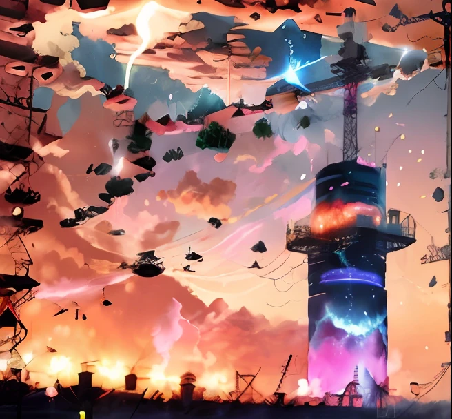 tall black tower with a pink sky in the background. Wires are coming from tower and are attached to a pole .Pink background with blue skies and twinkling stars,realistic,hyperdetailed,realism,masterpiece
