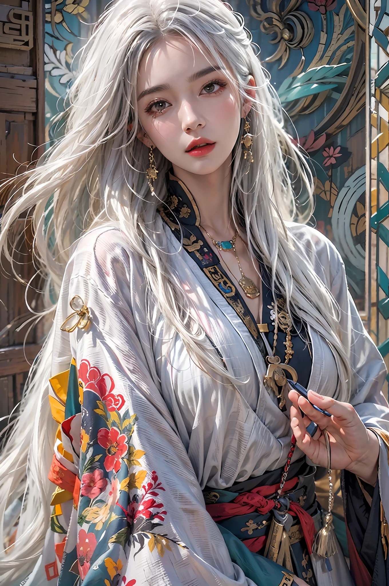 photorealistic, high resolution, 1women, solo, hips up, look at viewer, (detailed face), white hair, long hair, colorful Taoist robe, oversized clothes, jewelry