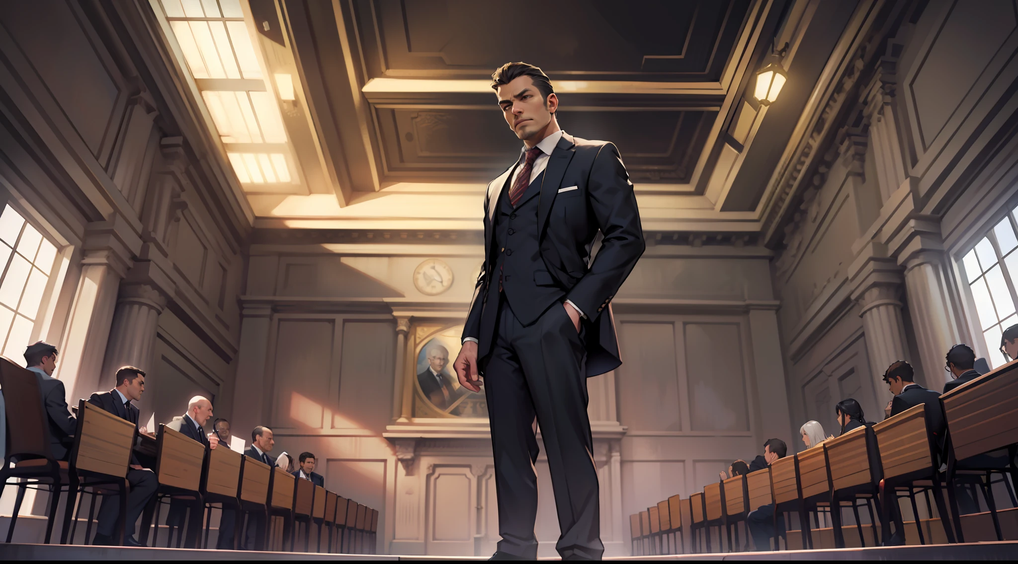"Realistic, (masterpiece: 1.3), highly detailed man, wearing suit, speaking in microphone; standing inside a grand courtroom, expressing a sense of judgement, captured in a dynamic full body shot. "