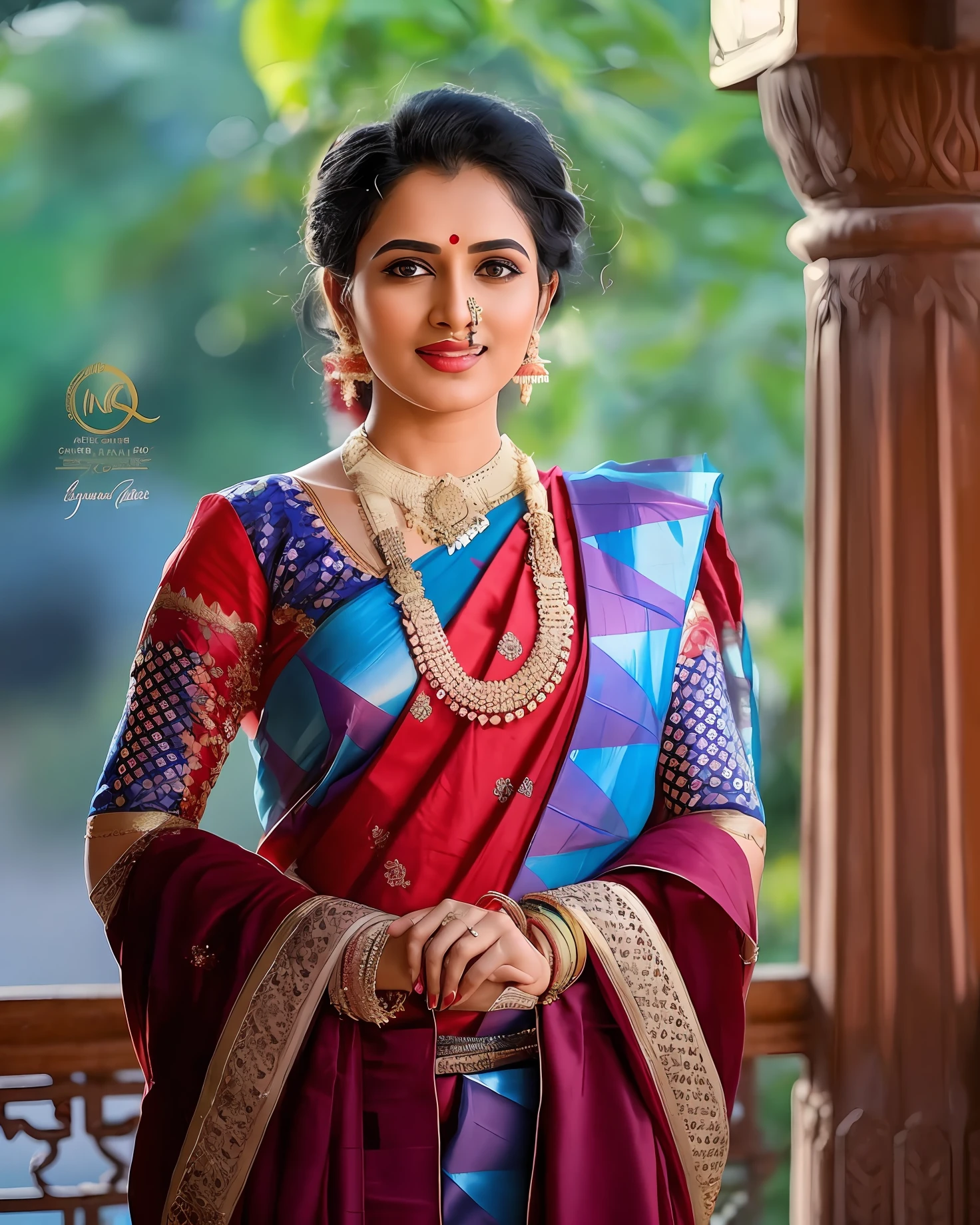 a woman in a red and blue sari posing for a picture, traditional beauty, very beautiful enga style, inspired by T. K. Padmini, blue colored traditional wear, with beautiful colors, maroon and blue accents, wearing an elegant tribal outfit, indian style, with lovely look, red brocade and blue gemstones, traditional, red and blue garments, stunningly beautiful