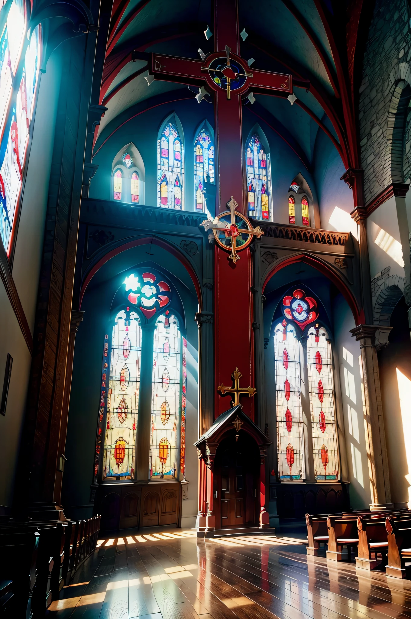 Beautiful gloomy church, colored stained-glass windows, A large cross hangs from the ceiling, The vibrant, A thin beam of sunlight falls on the floor, Red Walls