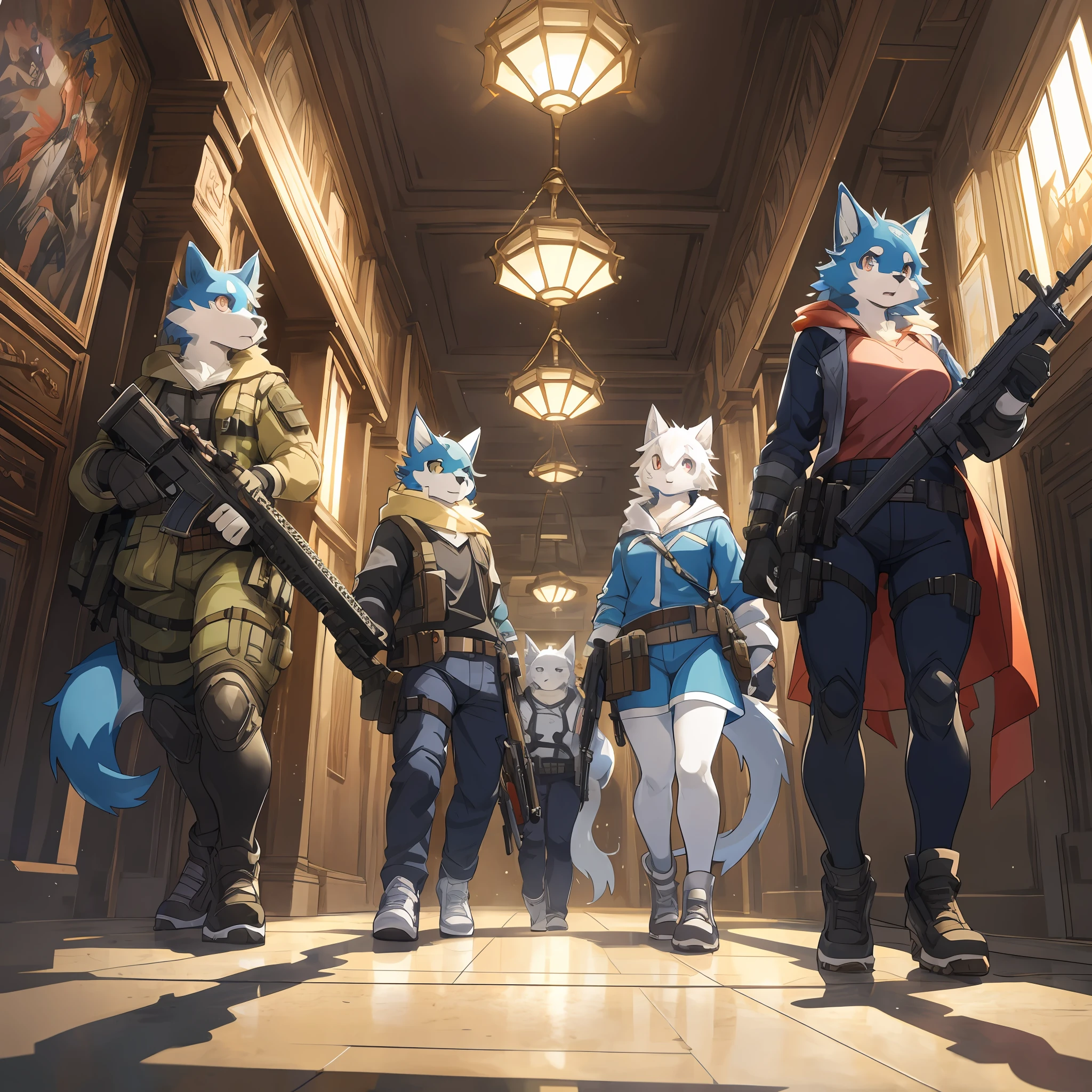 dynamic angle, top quality, best quality, High-quality illustrations, masterpiece, super high resolution, detailed background, detailed background, biohazard, Dim hotel hallway, gun fight, group shot:0.1, 6+boys, 6+girls, game package, absurdres(highly detailed beautiful face and eyes)perfect anatomy, expression, good lighting, cinematic shadow(kemono, furry anthro),