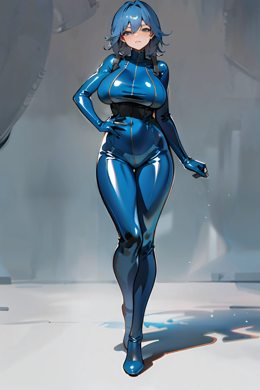 huge tit，A sagging breast。Large breasts，Well-developed chest，blue jumpsuit，latex body suit，standing on your feet