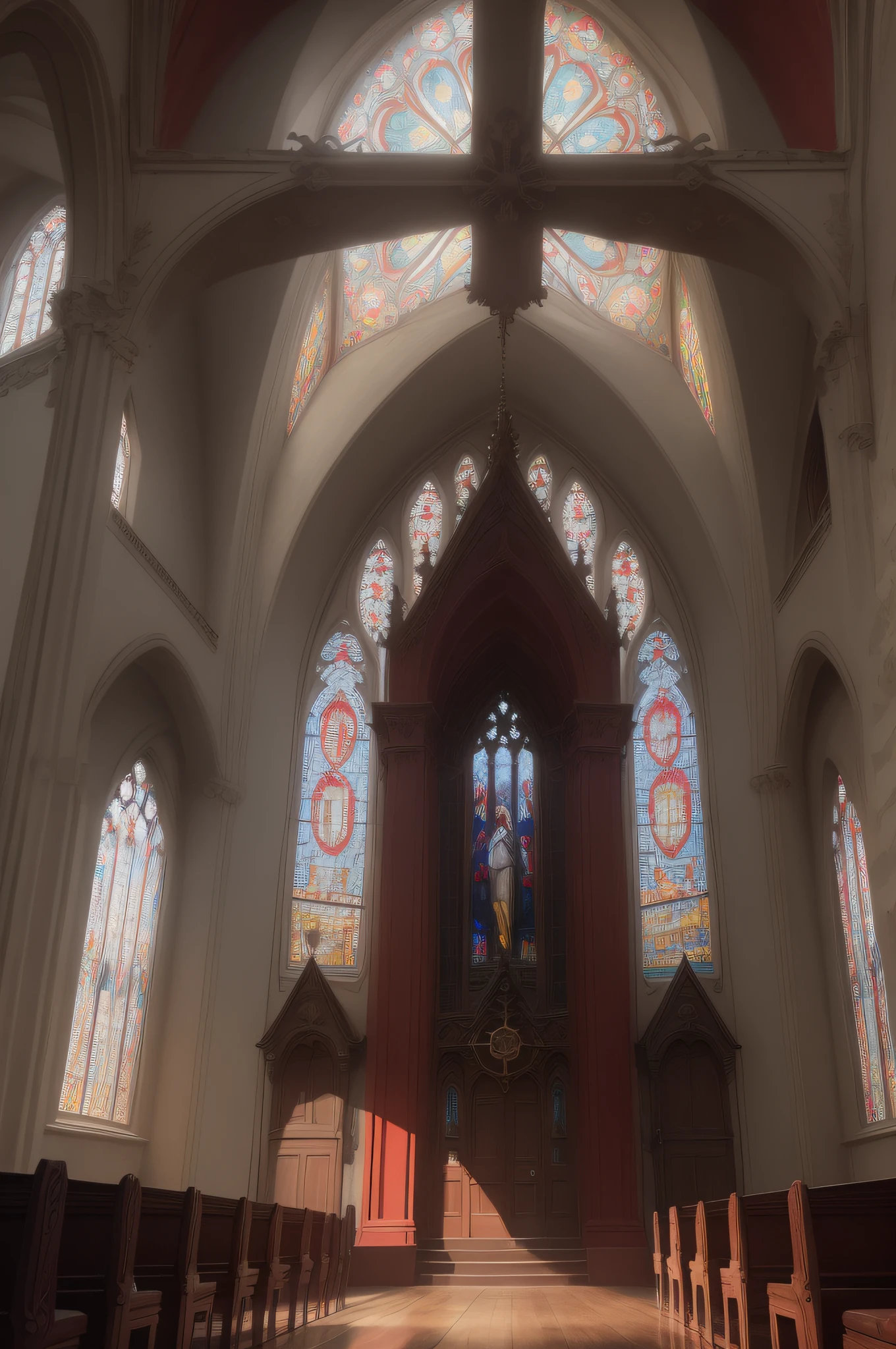 Beautiful gloomy church, colored stained-glass windows, A large cross hangs from the ceiling, A bright, thin beam of sunlight falls on the floor, Red Walls