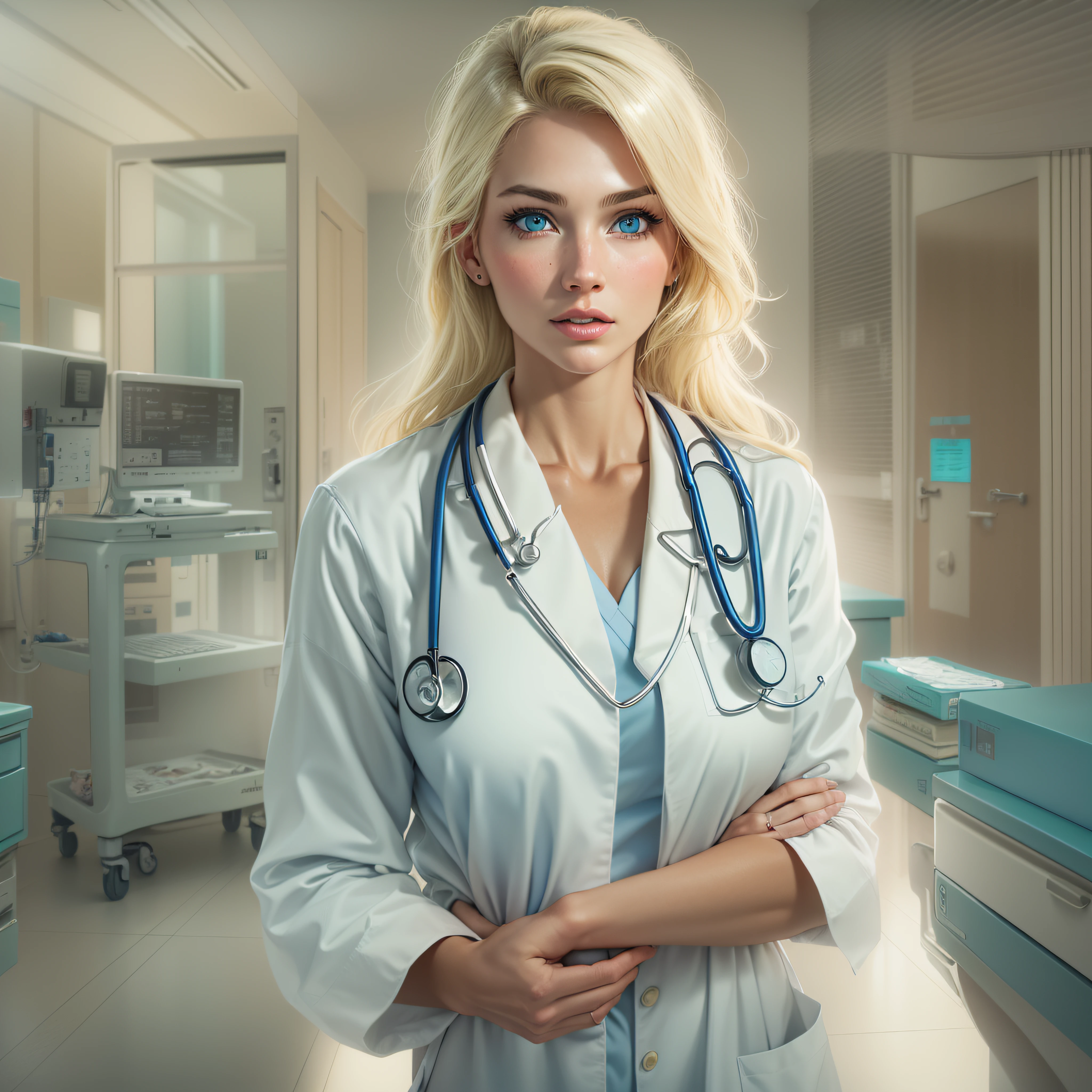 high quality, 1Woman, (((beautiful blonde american female Doctor dilf))), (((blue eyes))) (((in Dream Hospital)))