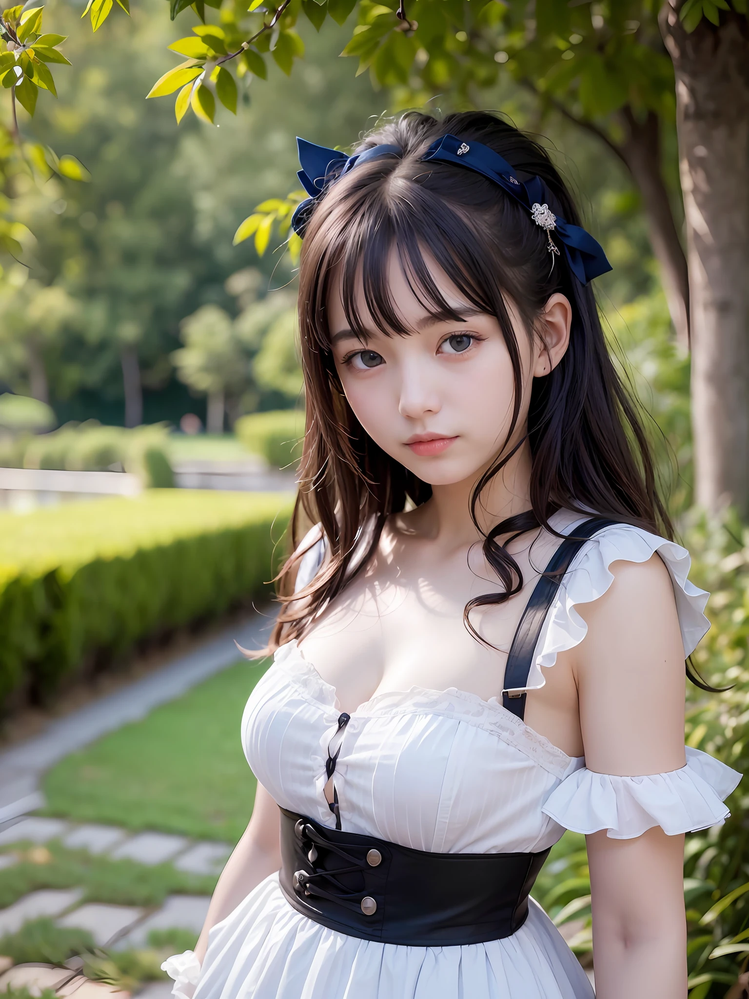 (realistic, photo realistic:1.37), incredibly absurdres, (insanely detailed:1.3), 8k, (masterpiece), (best quality:1.4), (ultra high res:1.2), (raw photo:1.2), (unity 8k wallpaper), 1 nogizaka girl, utterly cute, (bishojo:1.35), (14yo:1.4), ((alice and the pirates fashion)), an exquisitely detailed and beautiful face and eyes and skin, hair accessory with blue rose, medium breasts, delicate detailed beautiful dress, detailed black curly hair, professional lighting, smile at the camera, cowboy shot, petit trianon garden and farmhouse, view a village and lake, ultra detailed background