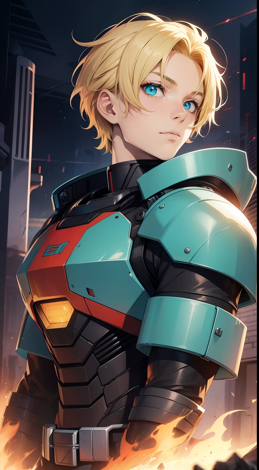 Young guy, short blonde hair, Cyan eyes, Autobot's red armor, Masterpiece, hiquality