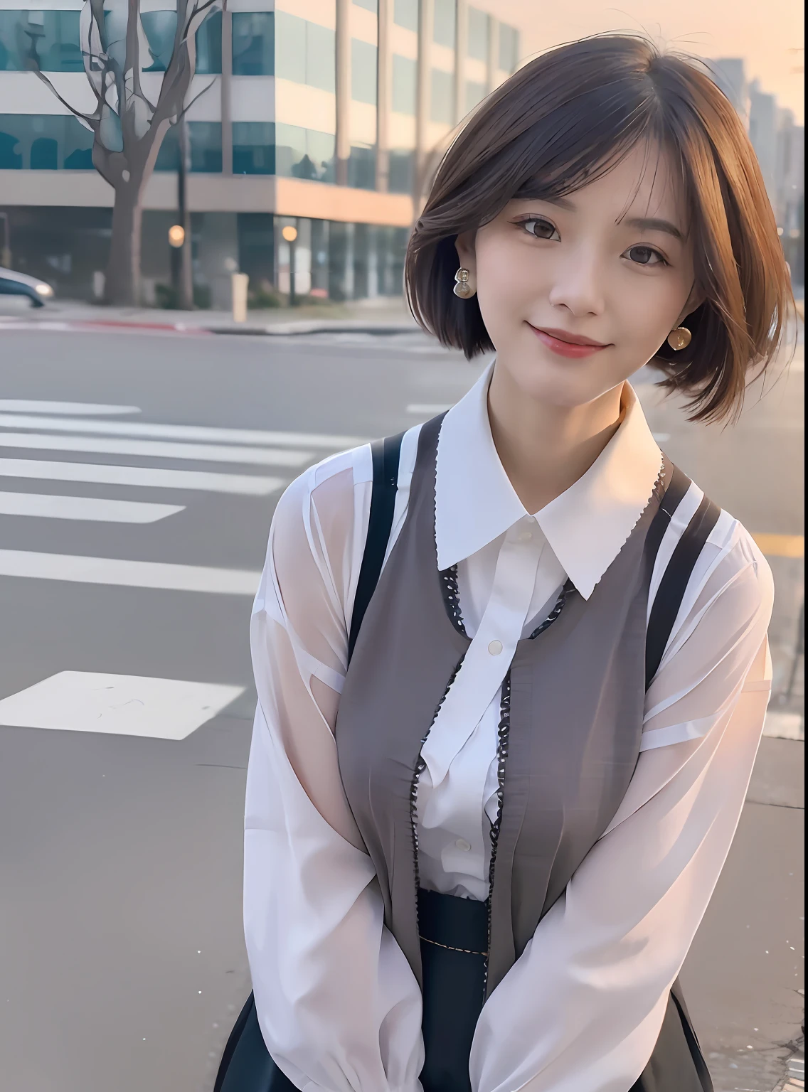 (8K, Best quality, Masterpiece:1.2),
(Realistic, photo-realistic:1.37),
Ultra-detailed,
1 girl, full bodyesbian, Outdoors, (Adjust hair:1.5)
Office Lady, black officeblazer, officeskirt, (Beth:1.2), (short buttoneddownshirt:1.2), buttonedupcollarprim, buttoneddowncollarprim, Bra, (Suspenders:1.2), alphalayers, high-heels,
Beautiful earrings,
Cute,
Solo,
Beautiful detailed sky,
(Smile:1.15),
(Closed mouth),
Small breasts,
Beautiful detailed eyes,
Business attire,
(Short hair:1.2),Zhao Jinmai,(Zhao Jinmai:1.7)