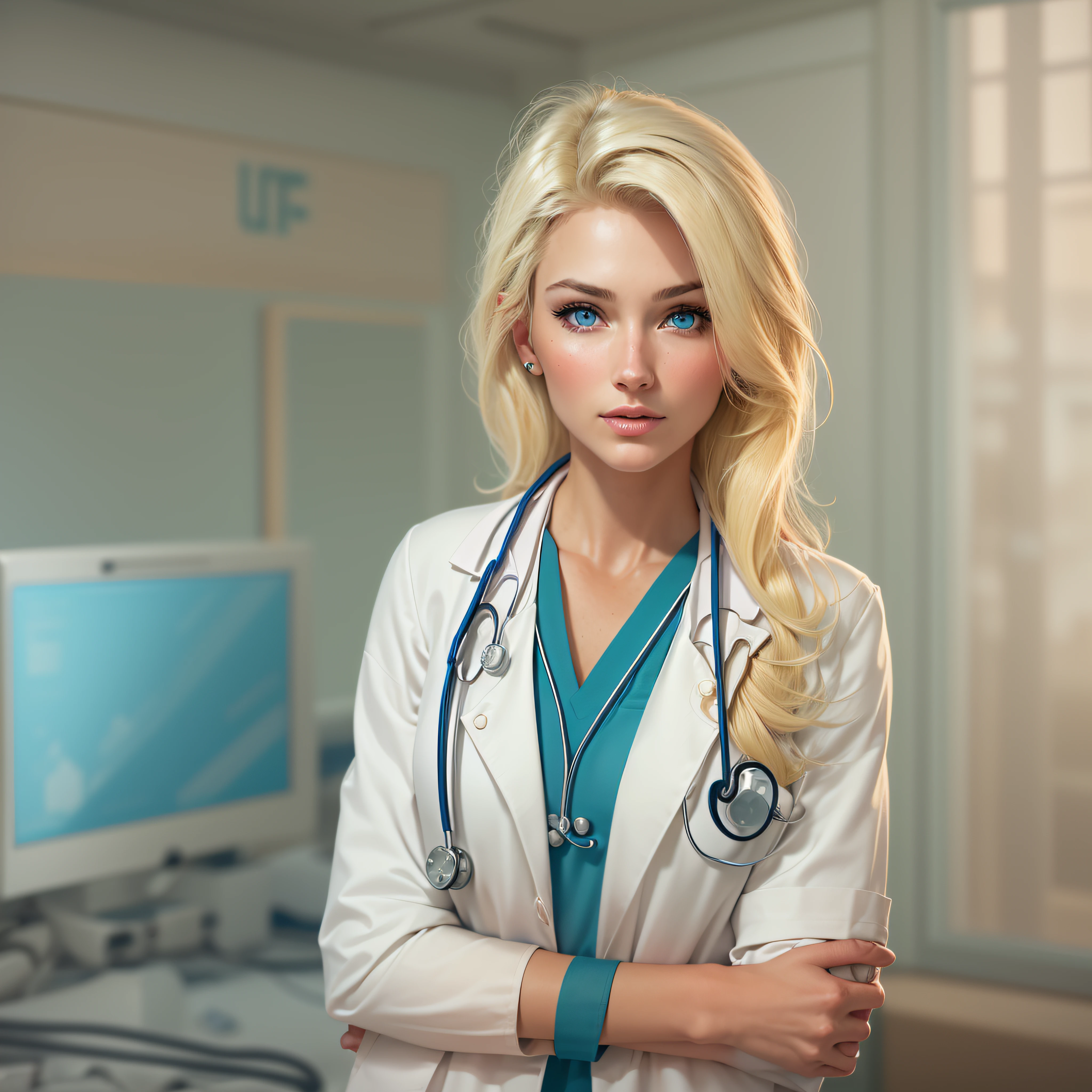 high quality, 1Woman, (((beautiful blonde american female Doctor dilf))), (((blue eyes))) (((in Dream Hospital)))