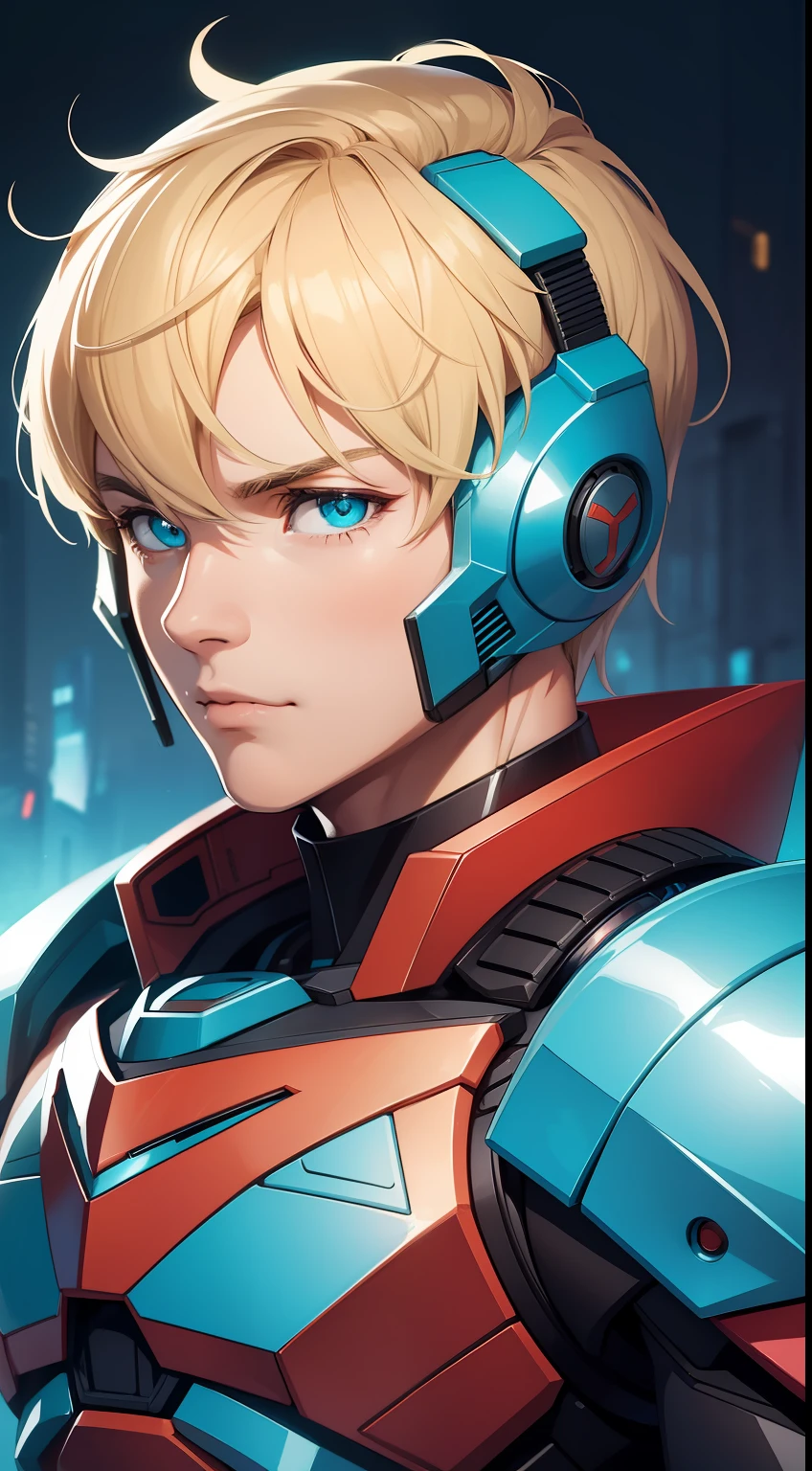 Young guy, short blonde hair, Cyan eyes, Autobot's red armor, Masterpiece, hiquality