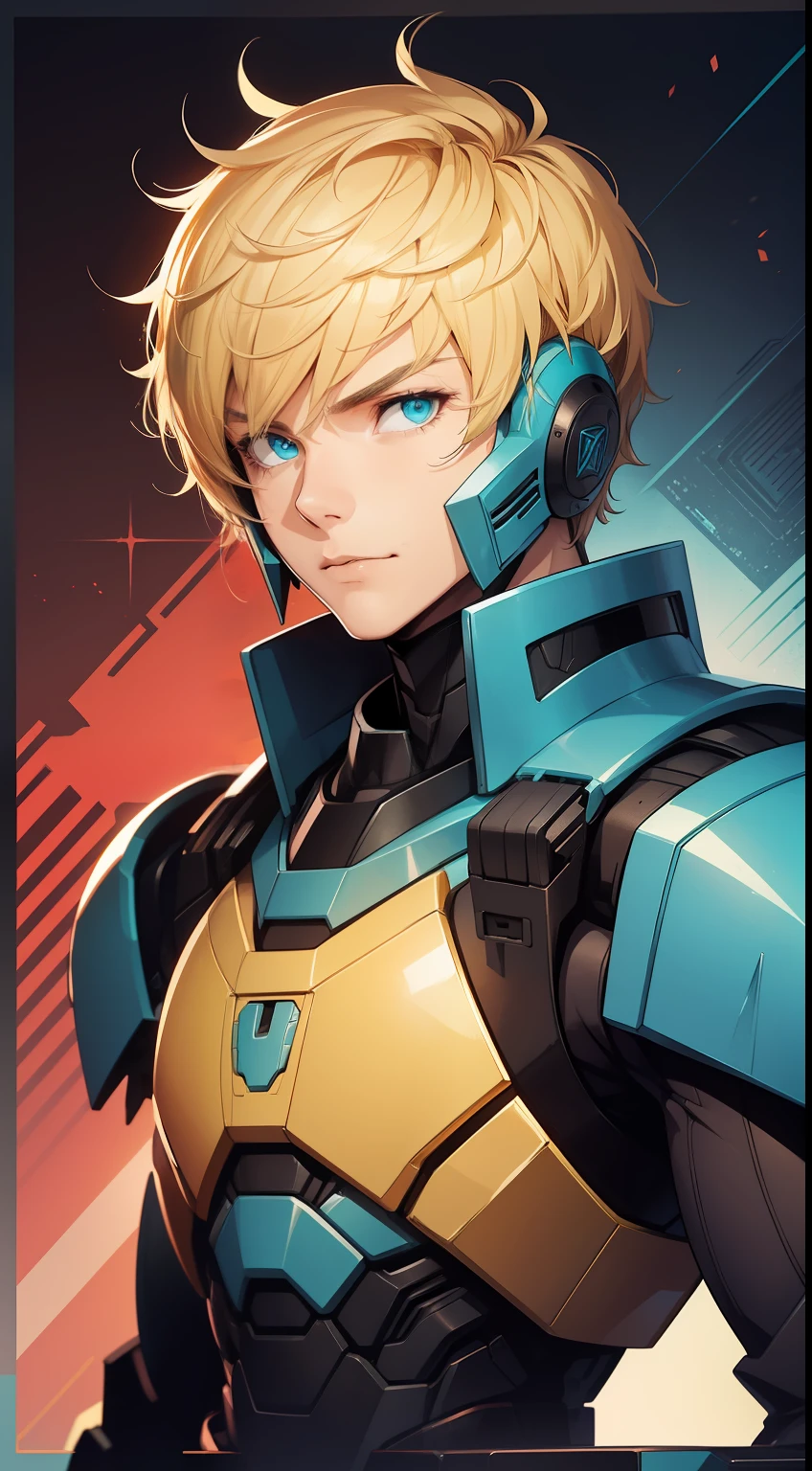 Young guy, short blonde hair, Cyan eyes, Autobot's red armor, Masterpiece, hiquality