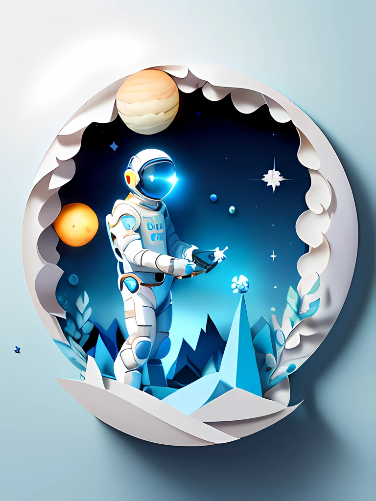 （（tmasterpiece））），best qualtiy， Light blue illustration， （（The astronaut）），starrysky， Paper_cut， （white backgrounid：1.1），hyper HD，16k。