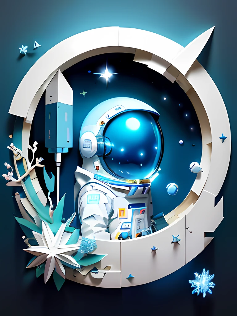 （（tmasterpiece））），best qualtiy， Light blue illustration， （（The astronaut）），starrysky， Paper_cut， （white backgrounid：1.1），hyper HD，16k。