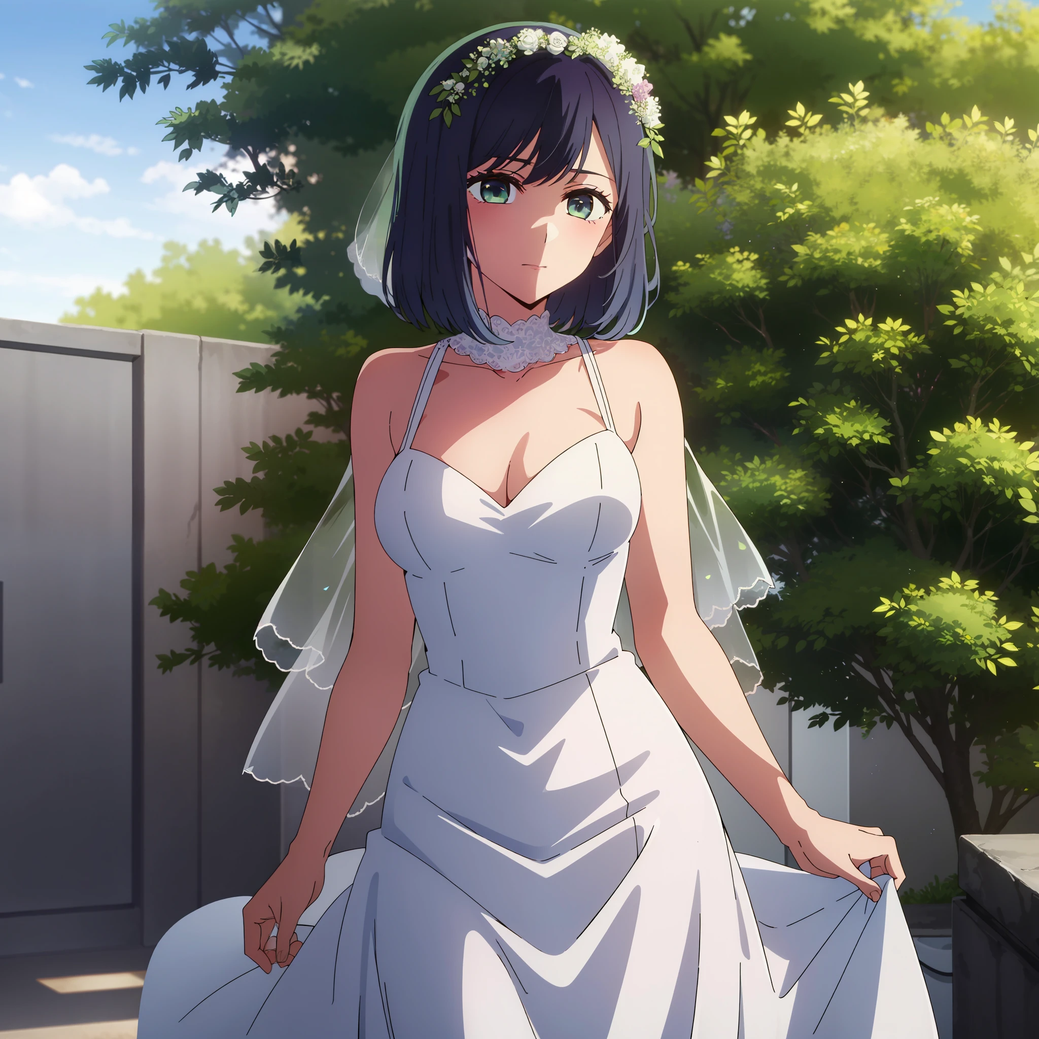 masterpiece, high quality, 8k, beautiful lighting, 1girl, solo, akane, bush, looking at viewer, wedding, sexy wedding dress, wedding ceremony, medium breasts, short hair