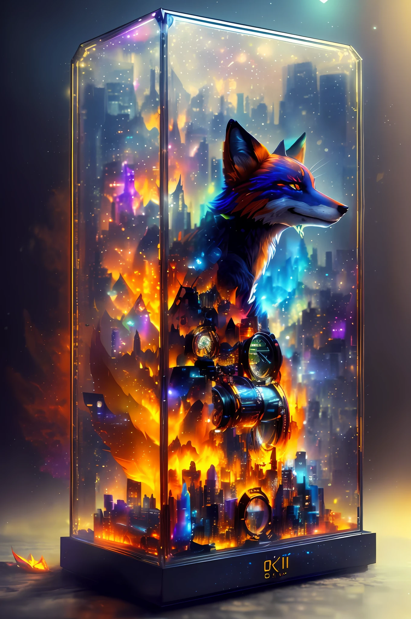 Vivid digital image of a cyberpunk fox in a glass display case, 4k detailed digital art, highly detailed 4k digital art, beautiful art uhd 4 k, colorful digital fantasy art, digital fox, 4K digital imaging, an anthropomorphic cyberpunk fox, The colorful city of Kitsune, ethereal fox, amazing wallpaper