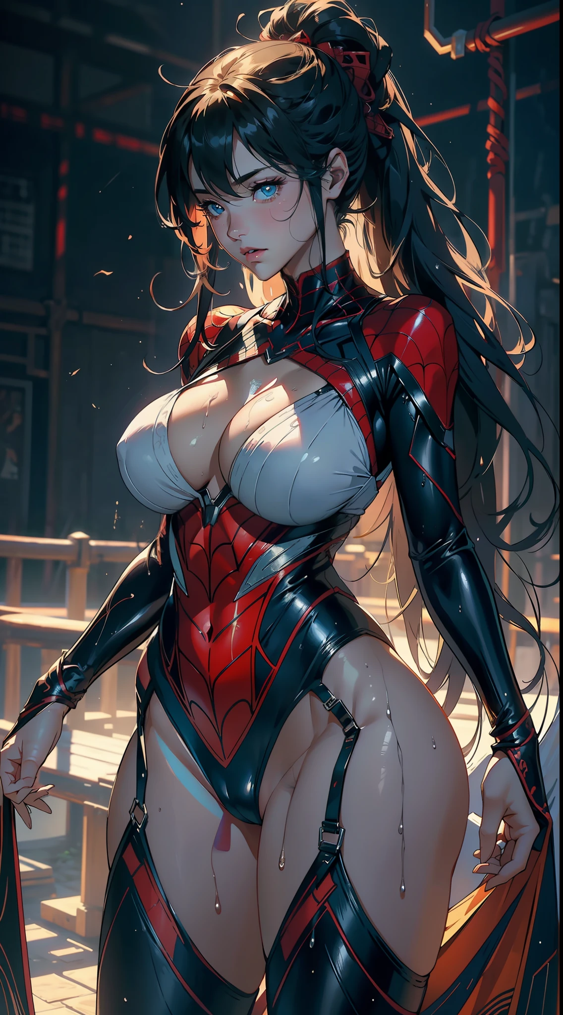 1female,36 years old,Huge breasts, 独奏,Spidey ,Wearing a sexy Spider-Man uniform,coniferous forest, She has long flowing hair, Bare genitalia, standing on your feet,Bigchest,Wet straight hair,Sweat profusely,drenched all over the body, From the front to the audience, hair straight, mostly cloudy sky,(((tmasterpiece),(Very detailed CG unity 8K wallpaper),best qualtiy,cinmatic lighting,detailed back ground,beatiful detailed eyes,Bright pupils,(Very fine and beautiful),(Beautiful and detailed eye description),ultra - detailed,tmasterpiece,)),facing at camera,A high resolution,ultra - detailed),beautifullegs,Very long hair,Emotive expressions,Open-mouthed,Chest sagging,nakeness, Bulge,Expose the genitals,revealing breasts,Camel toes,with no underpants,extremely large bosom,Extremely colorful,Most detailed,fully body photo,The face is well lit