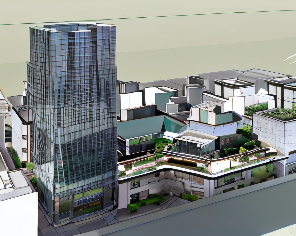 Rendering of a high-rise building with a green roof and a green roof, sharp hq rendering, mid view, architectural concepts, rendering of checkmate, conceito, Detailed rendering, mantra rendering, Complex 3 D rendering, complex 3 d render, architectural concepts, conceptual drawing, conceptual rendering, architecture render, Perspective view, architectural render, 3D architecture