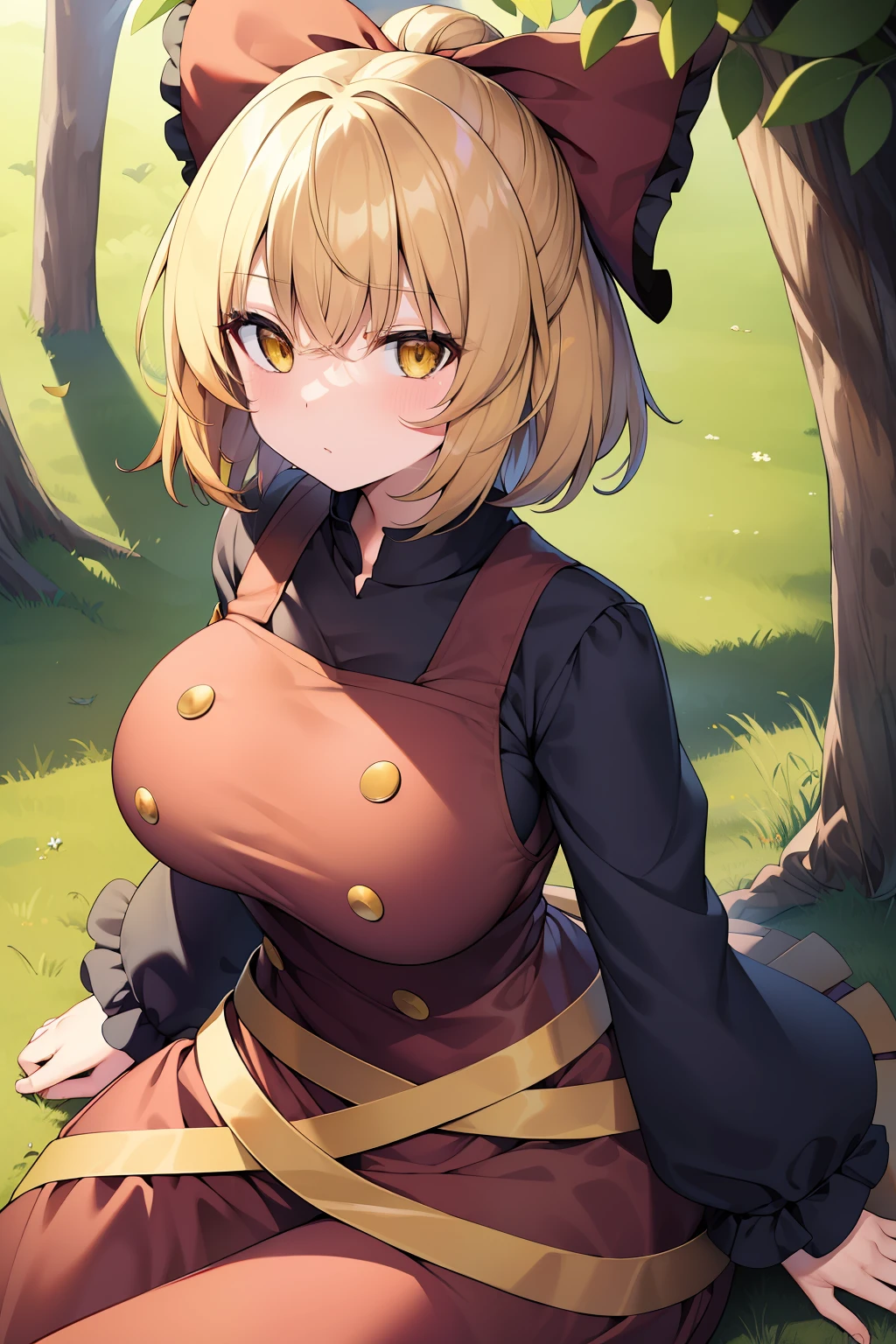 (masterpiece),best quality, expressive eyes, perfect face, 1girl,
big breast, H-cup, good breast, beautiful, gorgeous,anime,girl,lora, floating clothes,w sitting, w sitting on ground, legs on ground, short hair, yellow eyes, leaf hair ornament,red shirt,skirt,long sleeves,curtain chest ,hands on hips, hands on waist,kurodani yamame,
hair bow,
yellow eyes,
brown dress,
long sleeves,
silk,
spider web,