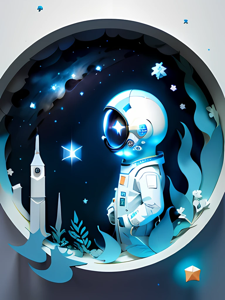 ((tmasterpiece))),best qualtiy, Light blue illustration, ((The astronaut)),starrysky, Paper_cut, (white backgrounid:1.1),hyper HD,16k。