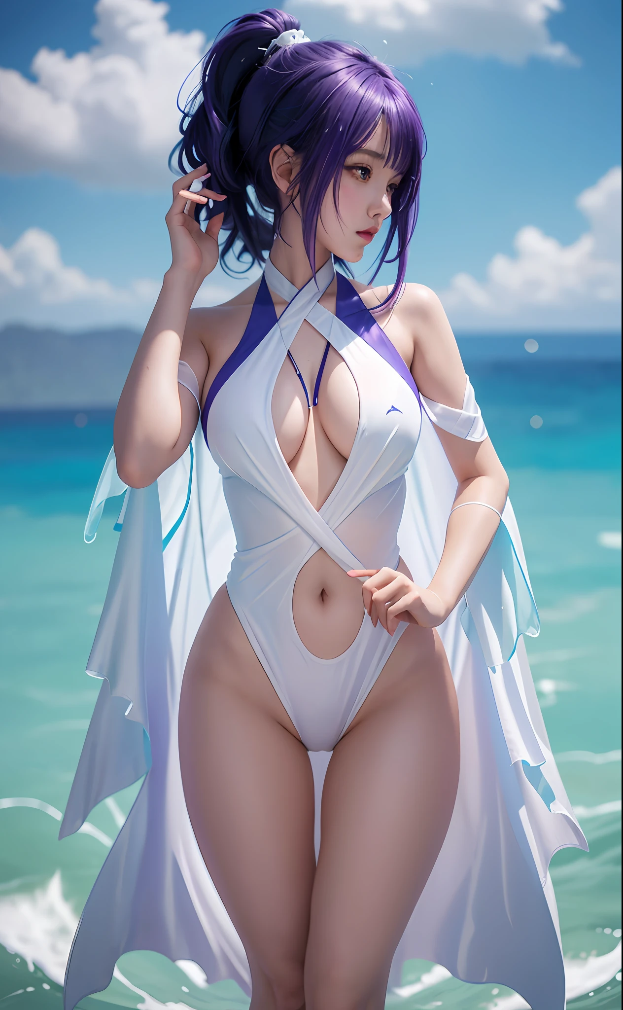 Anime girl in white swimsuit with purple hair and blue cape, Guviz, highly detailed exquisite fanart, in a bathing suit, Guweiz in Pixiv ArtStation, Guweiz on ArtStation Pixiv, full body portrait of a short!, Guviz-style artwork, commission for high resolution, swimsuit, anime full body illustration