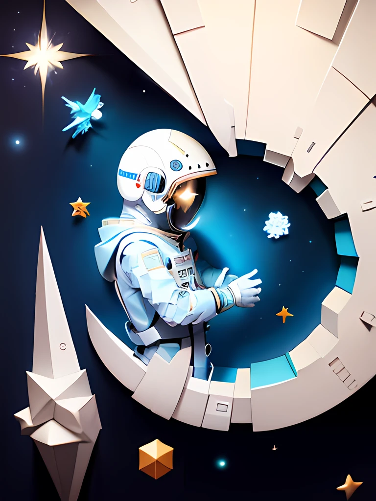 ((tmasterpiece))),best qualtiy, Light blue illustration, ((The astronaut)),starrysky, Paper_cut, (white backgrounid:1.1),hyper HD,16k。