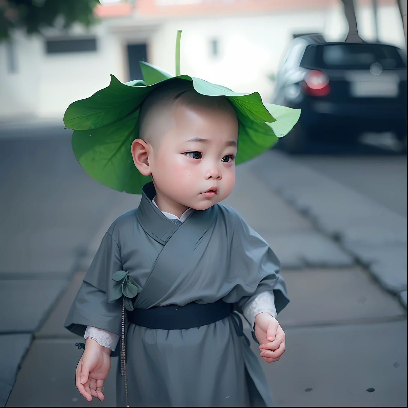 There is a baby with a green leaf hat on his head, wearing leaf cloak, Inspired by Hu Zaobin, inspired by Miao Fu, tai costume, made of leaves, inspired by Luo Mu, inspired by Cui Bai, Chinese costume, inspired by Chen Daofu, dress of leaves, Very cute and childlike, inspired by Wu Bin