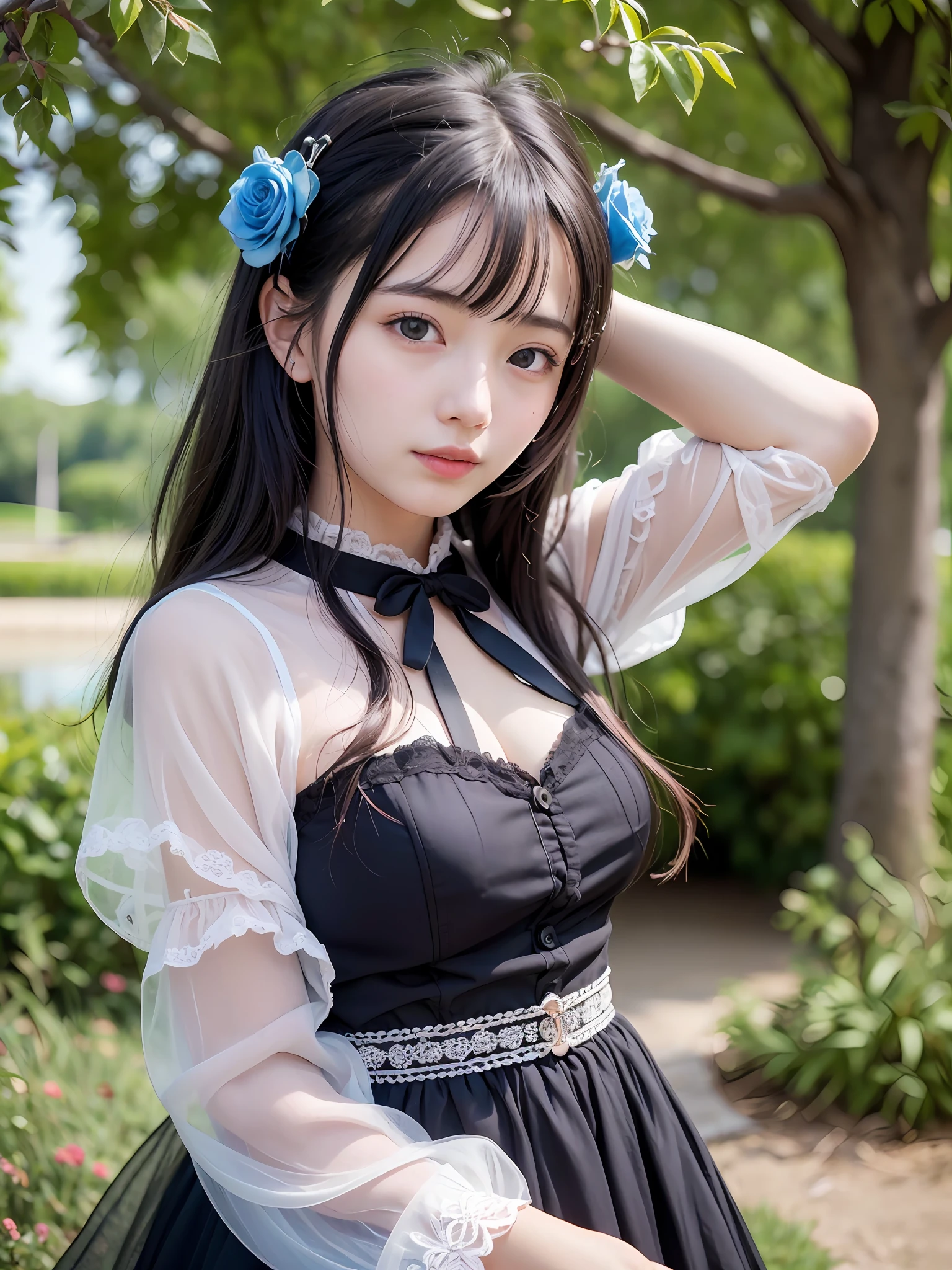 (realistic, photo realistic:1.37), incredibly absurdres, (insanely detailed:1.3), 8k, (masterpiece), (best quality:1.4), (ultra high res:1.2), (raw photo:1.2), (unity 8k wallpaper), 1 nogizaka girl, utterly cute, (bishojo:1.35), (:1.4), ((alice and the pirates fashion)), an exquisitely detailed and beautiful face and eyes and skin, hair accessory with blue rose, medium breasts, delicate detailed beautiful dress, detailed black curly hair, professional lighting, smile at the camera, cowboy shot, petit trianon garden and farmhouse, view a village and lake, ultra detailed background