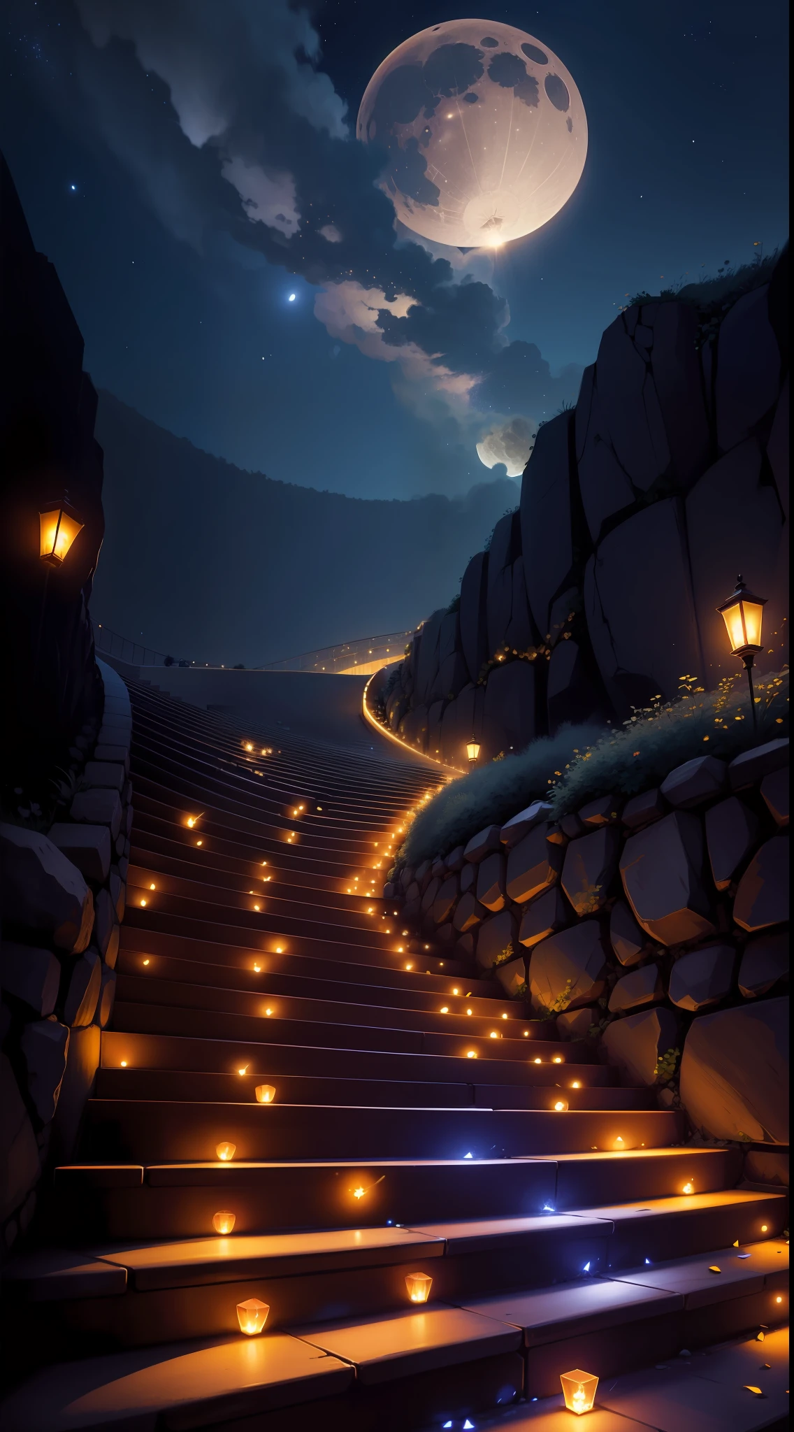 Stairs made of fire flies , radiant glowing shine ,cosmos, moon , extremely shining, stairs reach the sky , unending stairs , beautiful, stars all around