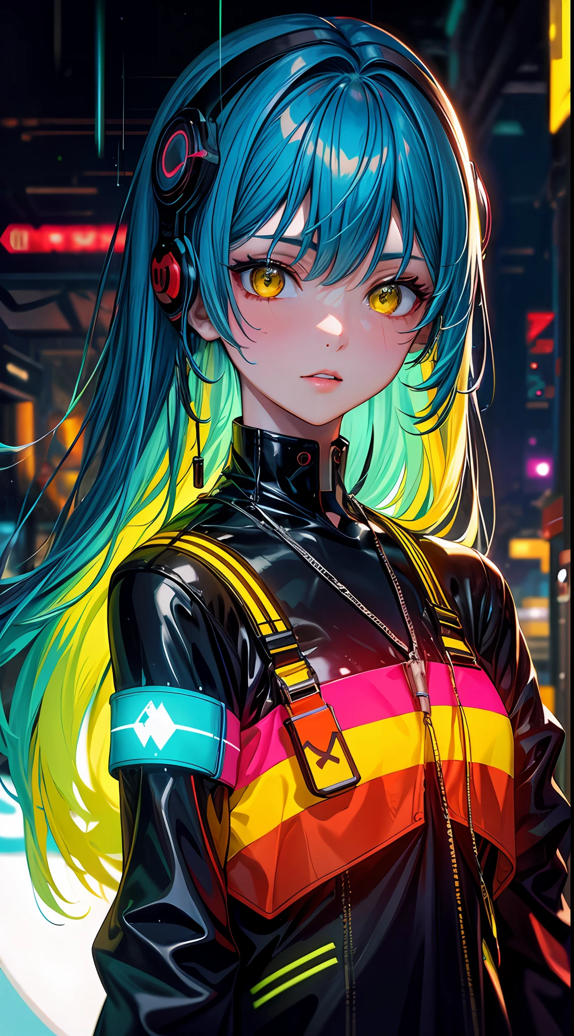 Masterpiece, highest quality, realistic, subsurface scattering, chromatic lighting, colorized, red + yellow + green + blue limited color palette, detailed concept drawing, line-art, illustration, cyberpunk, 18yo 1girl, mysterious, augmented reality interface, futuristic fashion, neon tattoos, holographic elements, urban sprawl, alleyway, hackers, rain-soaked atmosphere, (CLOSE UP)